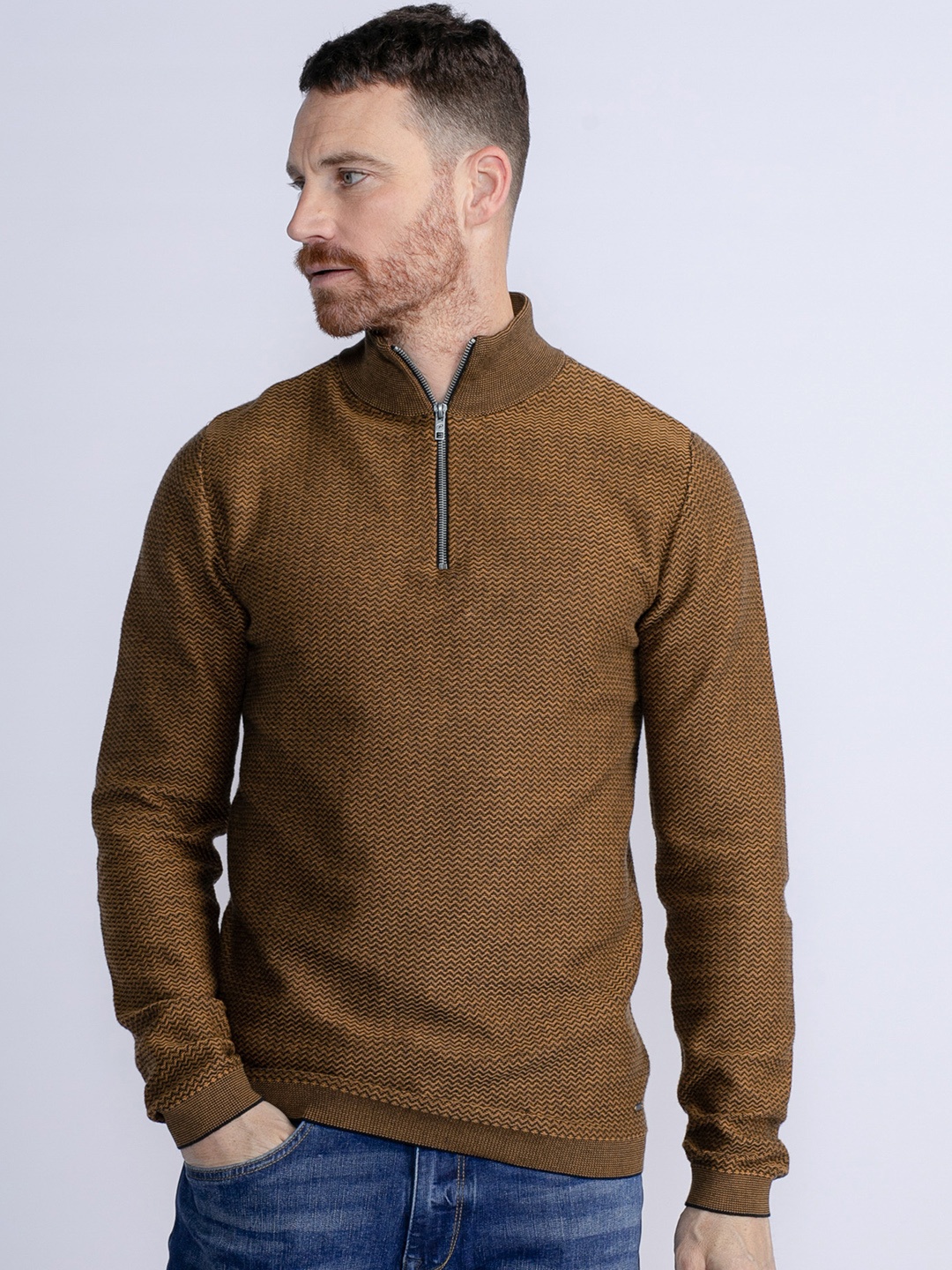 

Petrol Self-Striped Mock Collar Pure Cotton Pullover, Rust