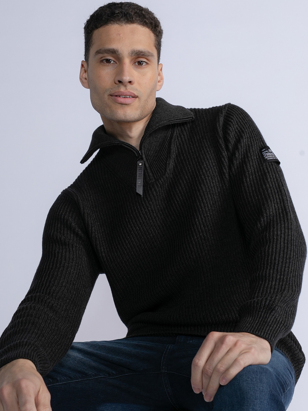 

Petrol Spread Collar Ribbed Pullover, Black