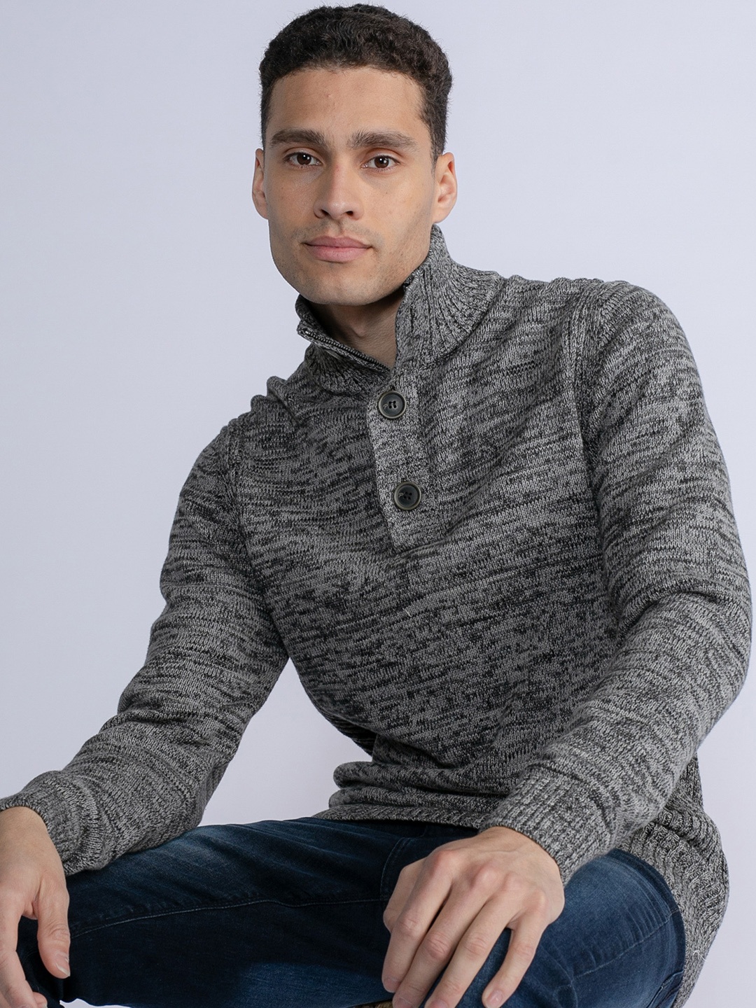 

Petrol Cable Knit Mock Collar Pure Cotton Pullover, Grey