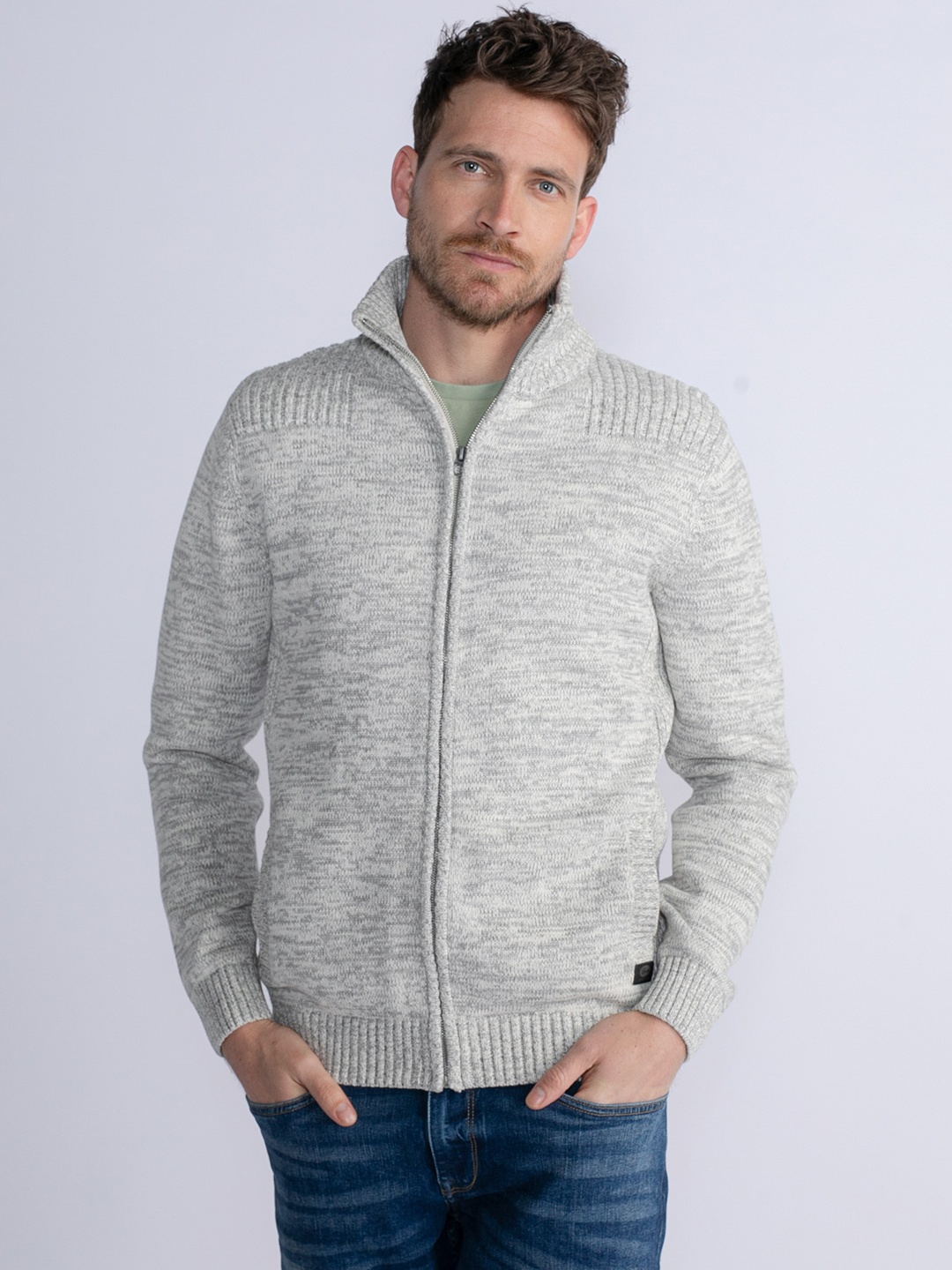 

Petrol Pure Cotton Mock Collar Front-Open Sweater, Grey melange