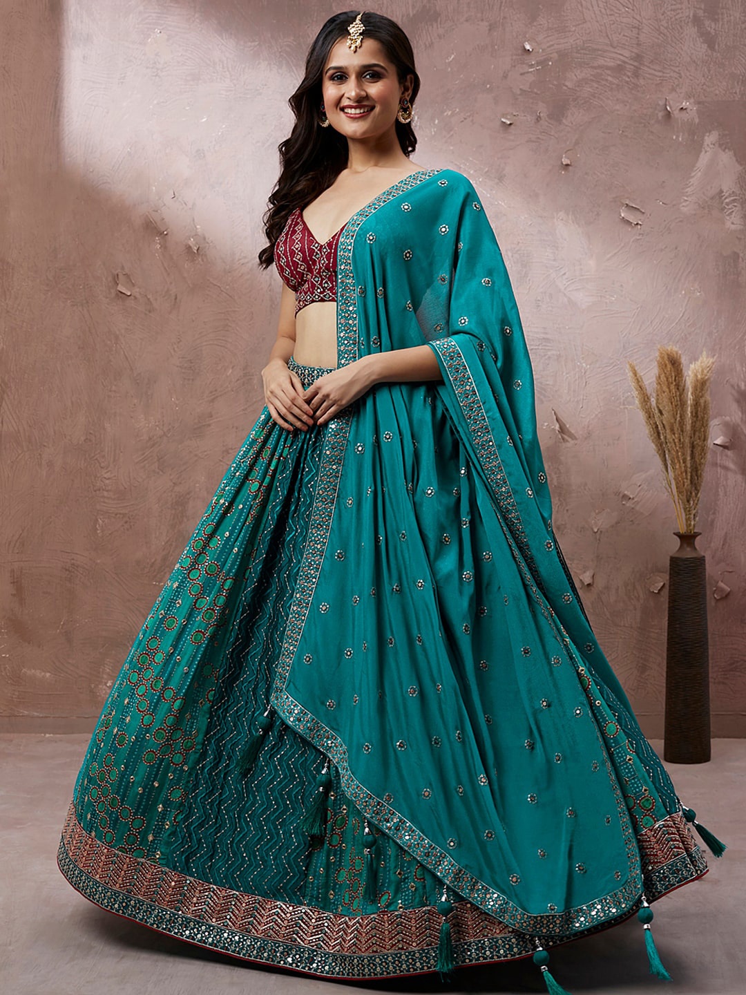 

panchhi Ethnic Motifs Embroidered Sequinned Lehenga Choli With Dupatta, Teal