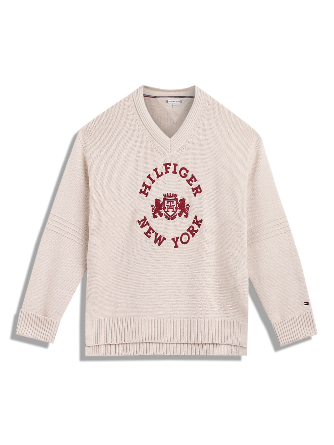 

Tommy Hilfiger Girls Typography Printed Pullover Cotton Sweater, Cream