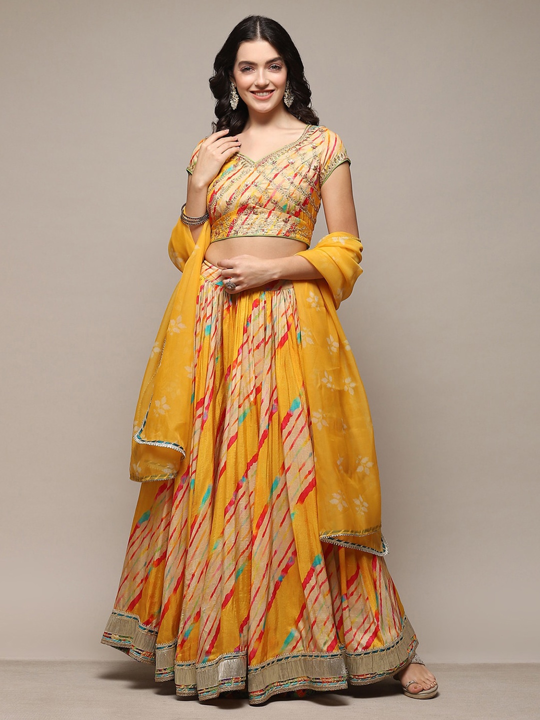 

Biba Floral Embroidered V-Neck Sequinned Ready to Wear Lehenga & Blouse With Dupatta, Yellow