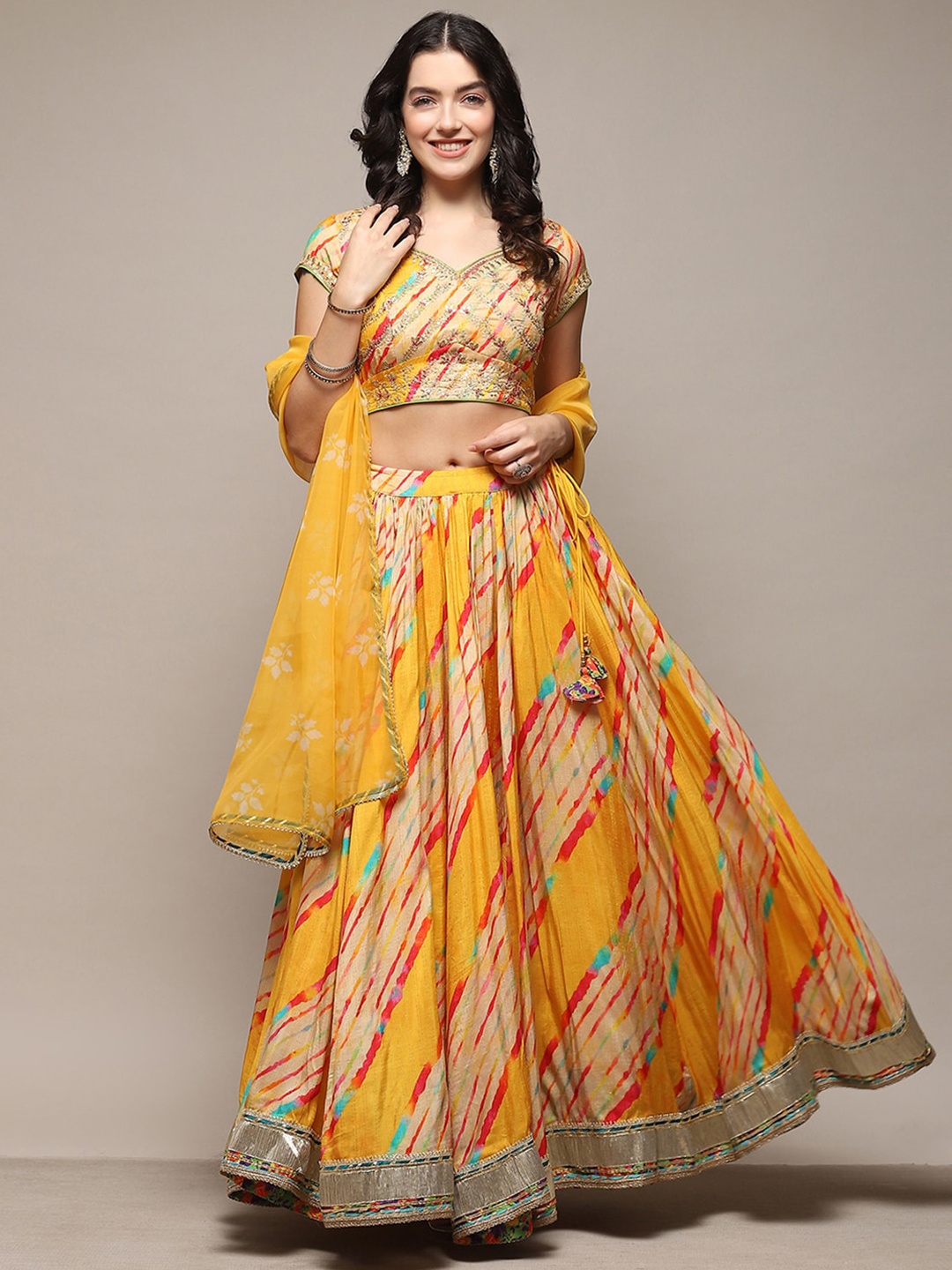 

Biba Floral Embroidered V-Neck Sequinned Ready to Wear Lehenga & Blouse With Dupatta, Yellow