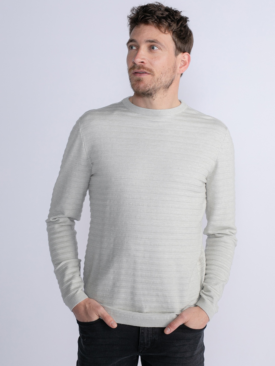 

Petrol Self Design Striped Pullover, Grey
