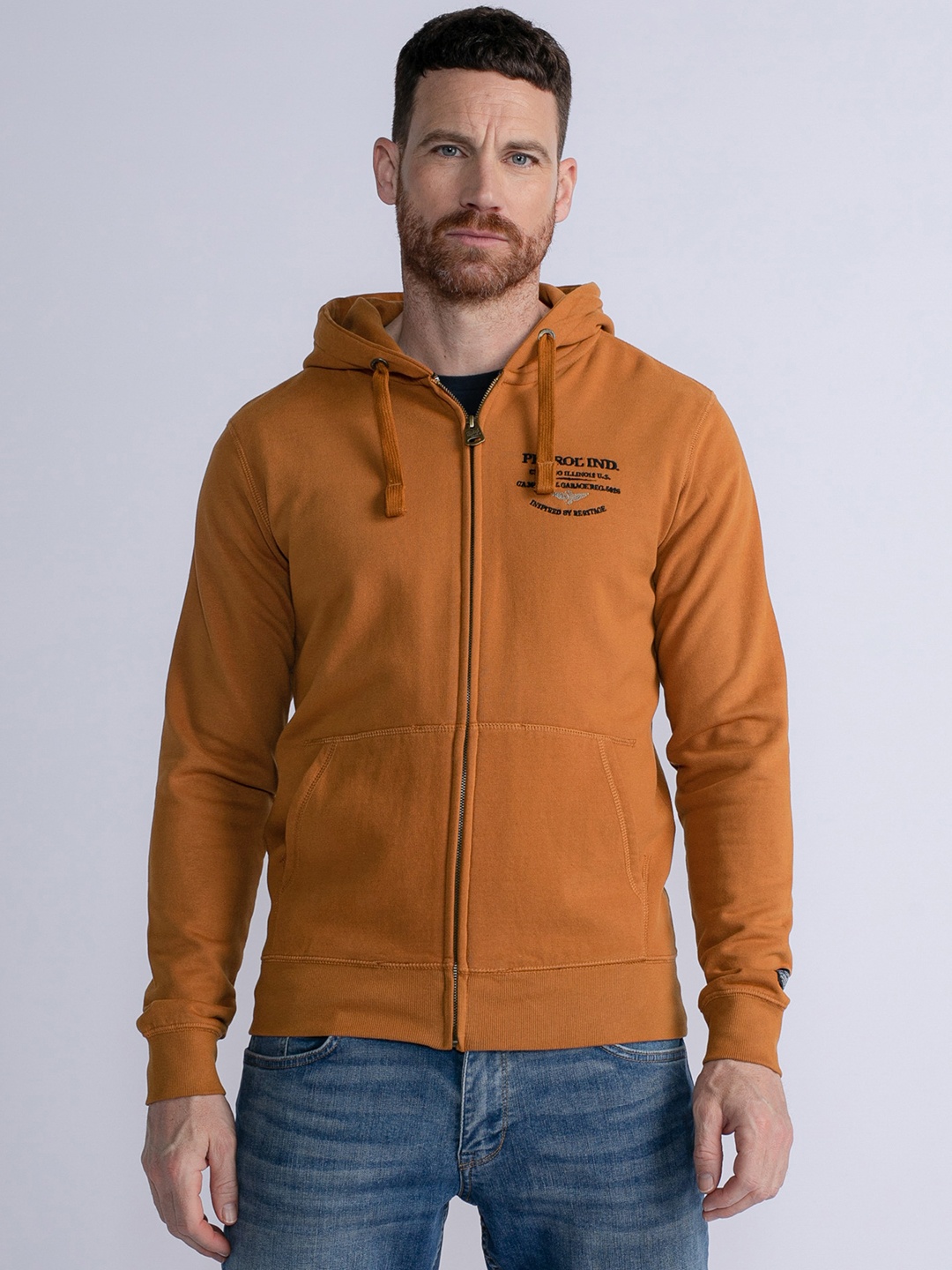 

Petrol Enbroidered Detail Front-Open Hooded Sweatshirt, Brown