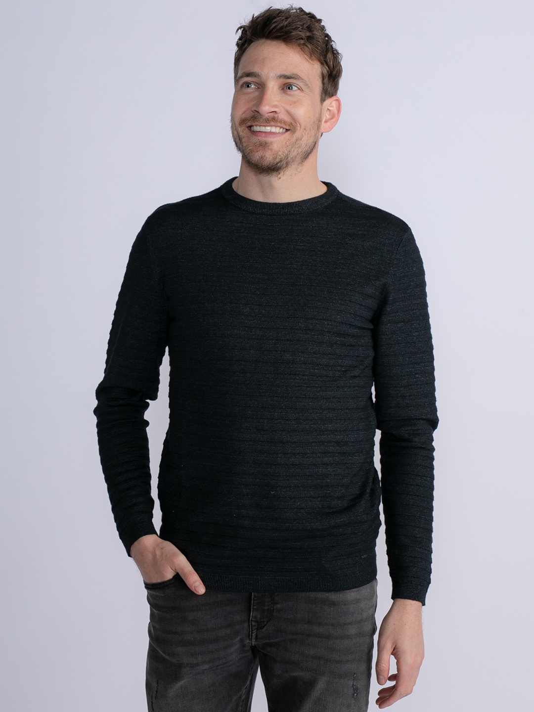 

Petrol Self-Striped Round-Neck Regular Fit Pullover, Black