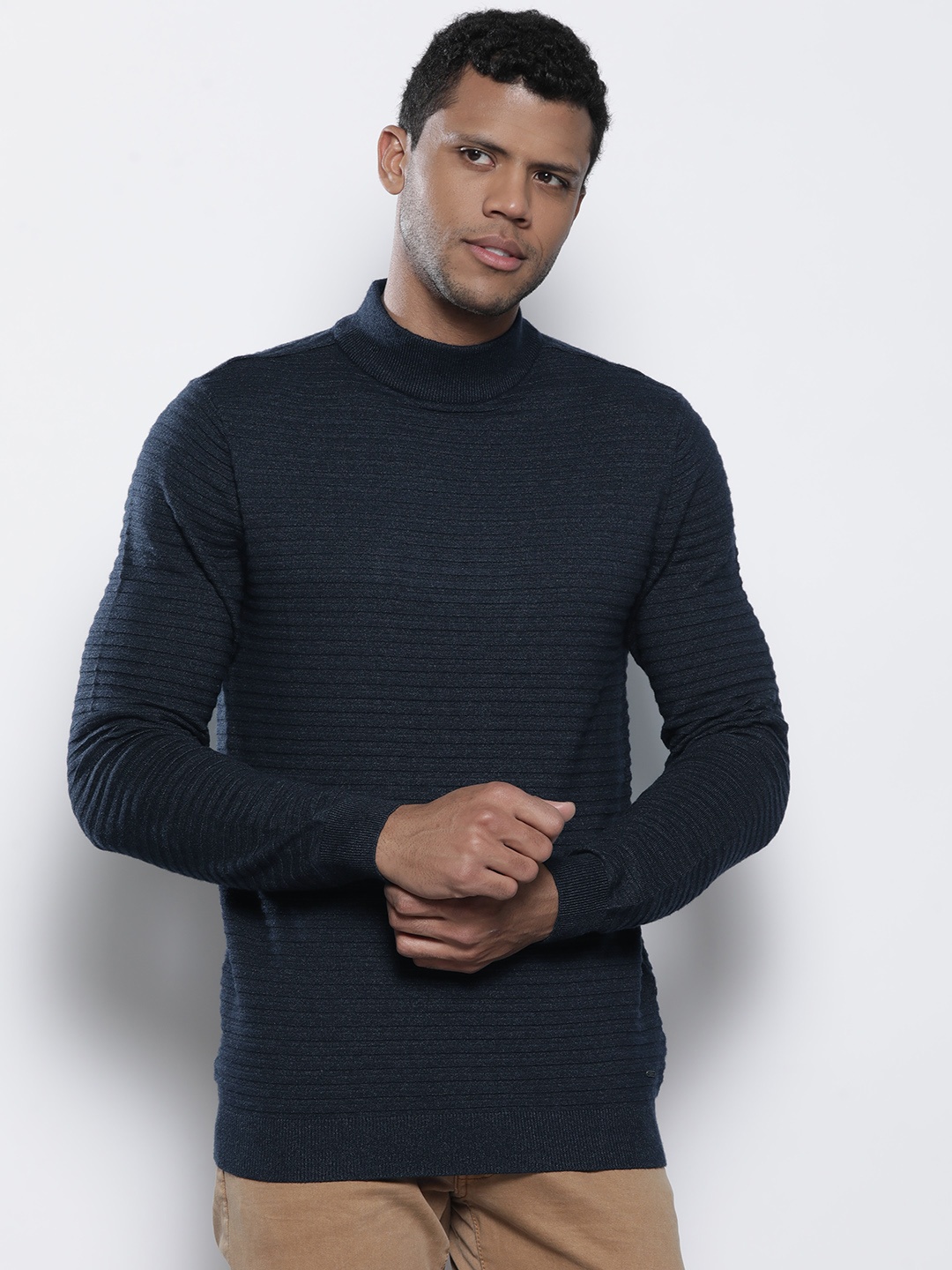 

Petrol Self Design Striped High Neck Pullover, Navy blue