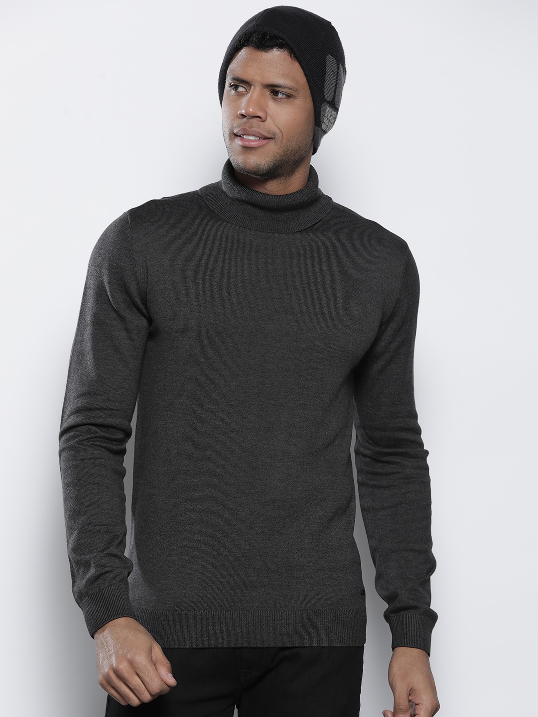 

Petrol Solid Turtle Neck Pullover, Charcoal