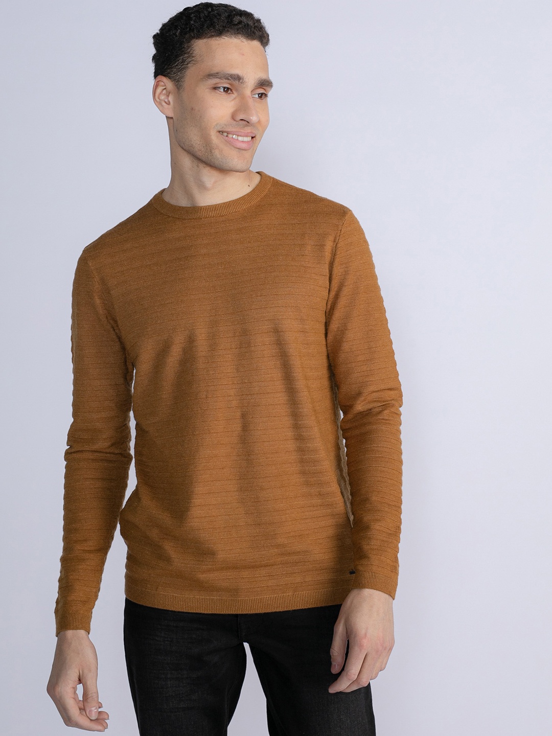 

Petrol Self-Striped Round-Neck Regular Fit Pullover, Rust