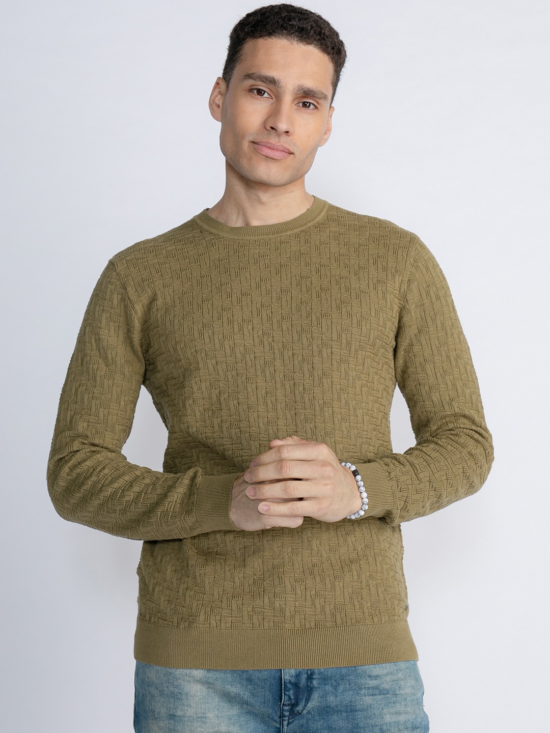 

Petrol Geometric Self Design Pure Cotton Pullover, Brown