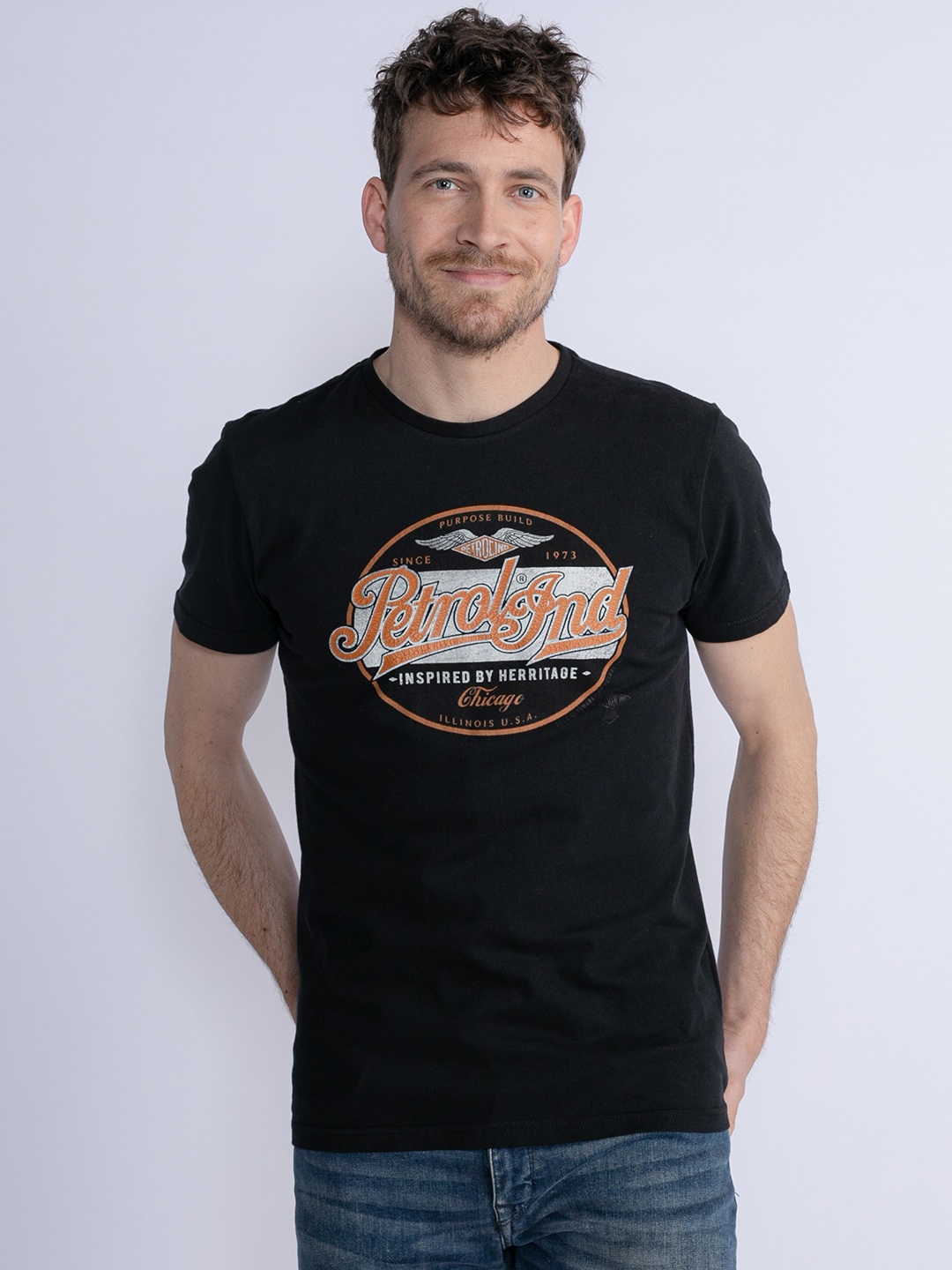 Petrol Pure Cotton Brand Logo Printed Round Neck T-shirt, Black