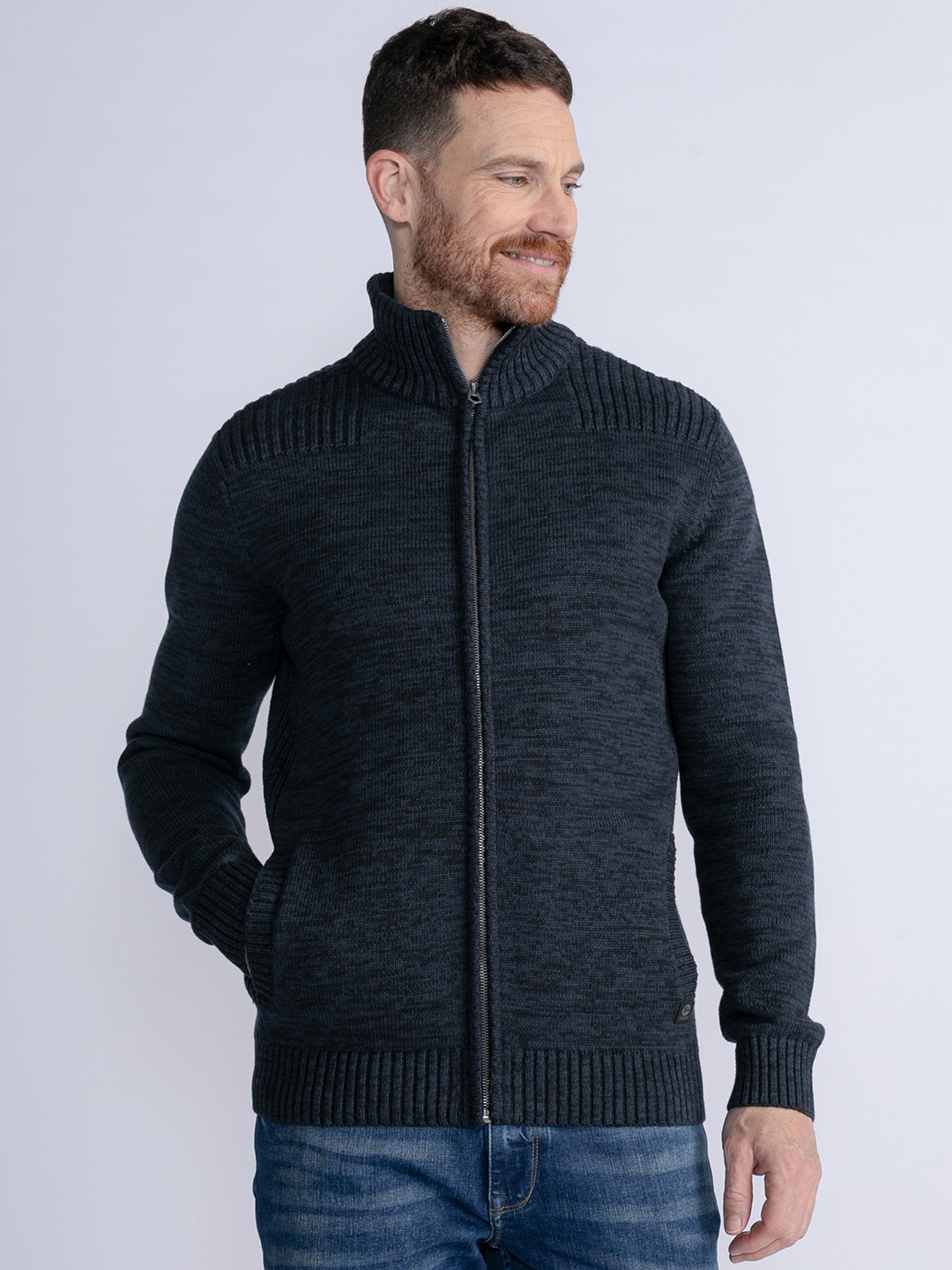 

Petrol Mock Collar Full Zipper Pure Cotton Cardigan, Navy blue