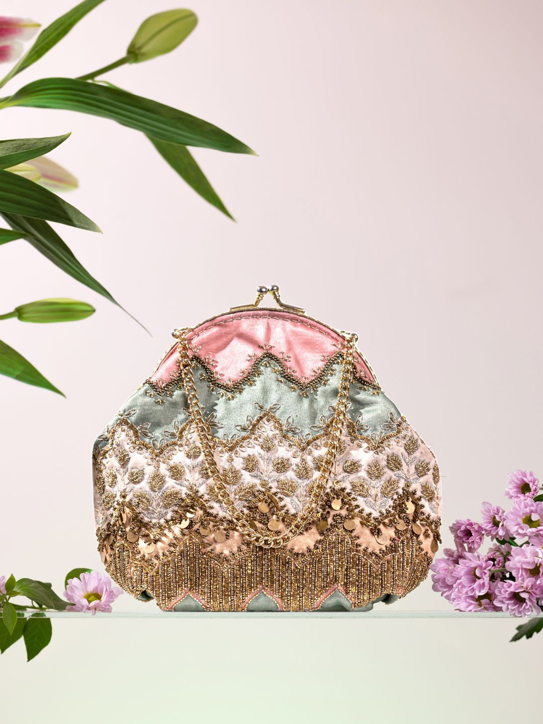 

The Leather Garden Embellished Satin Potli Bag, Pink