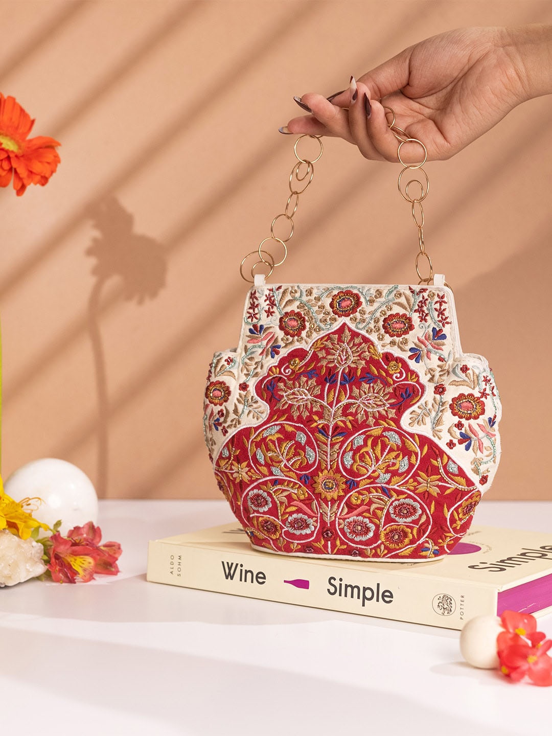 

The Leather Garden Embellished & Embroidered Leather Structured Handheld Bag, White