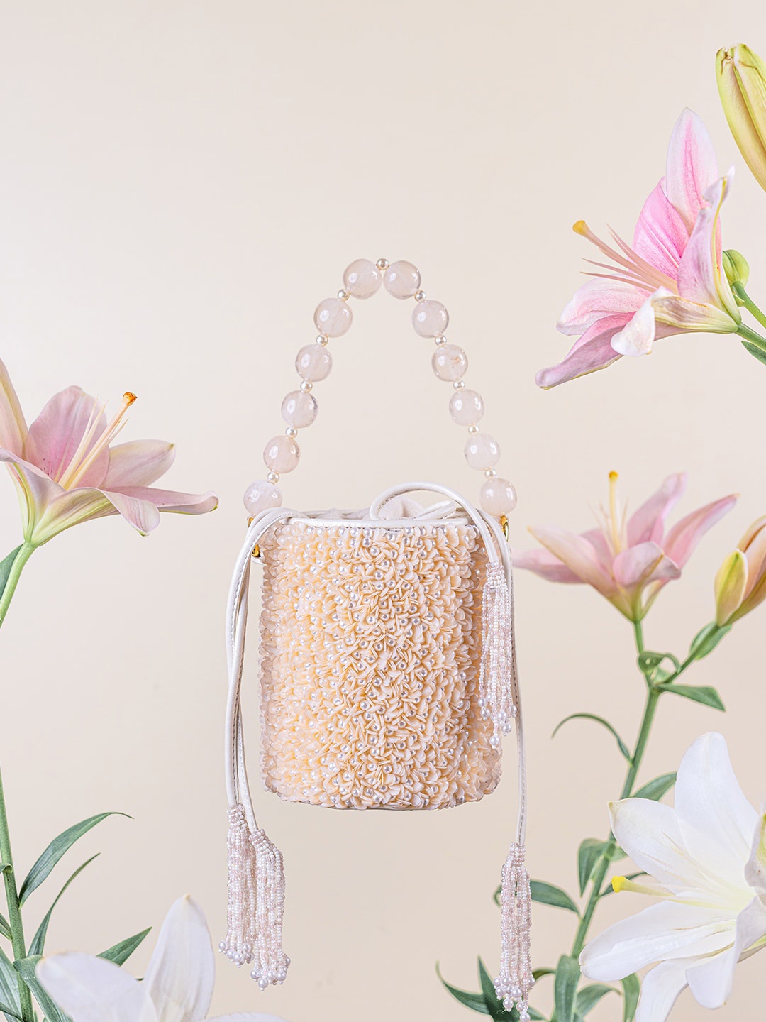 

The Leather Garden Embellished Leather Structured Handheld Bag, Peach