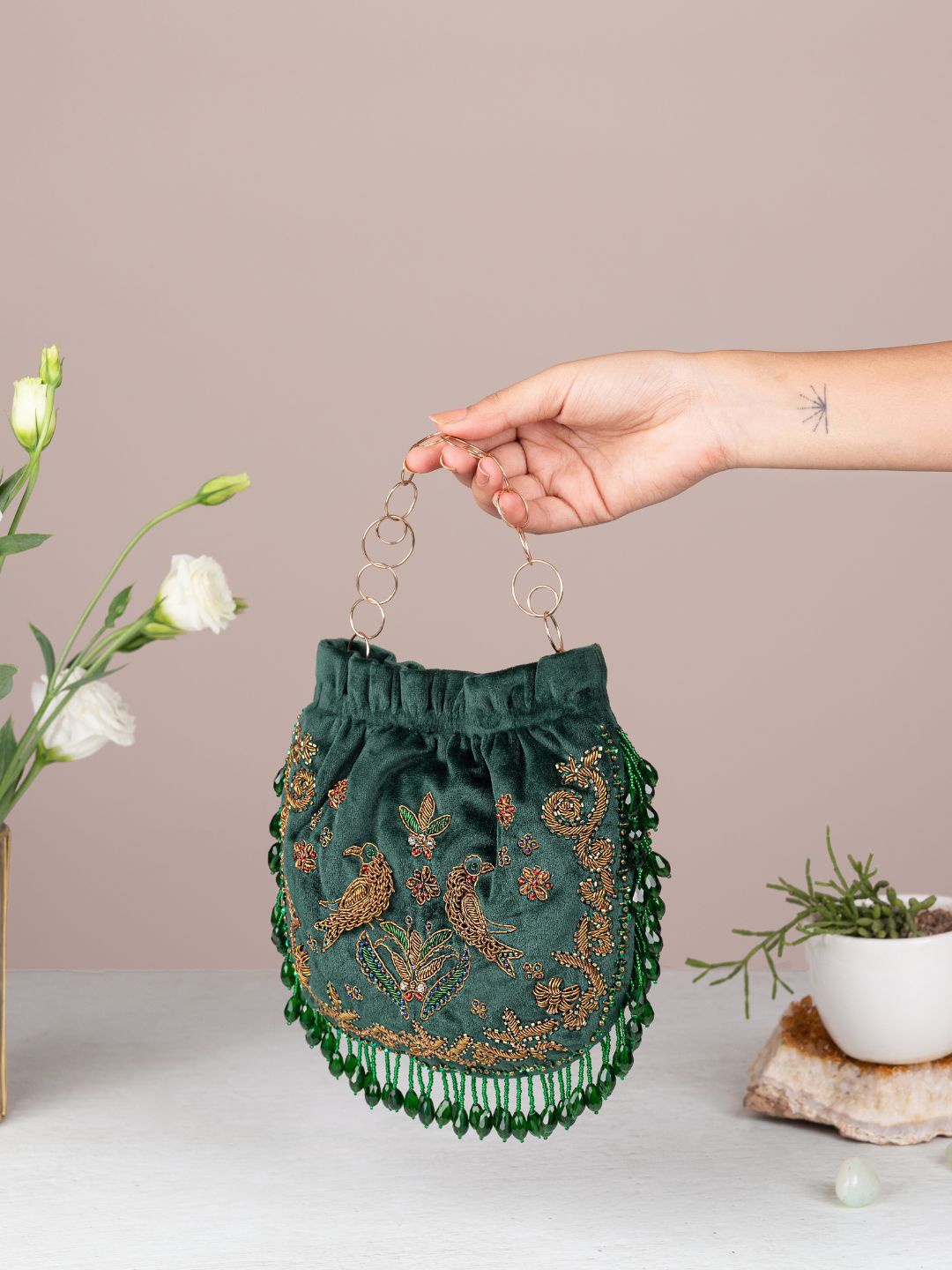 

The Leather Garden Embellished Leather Structured Handheld Bag, Green