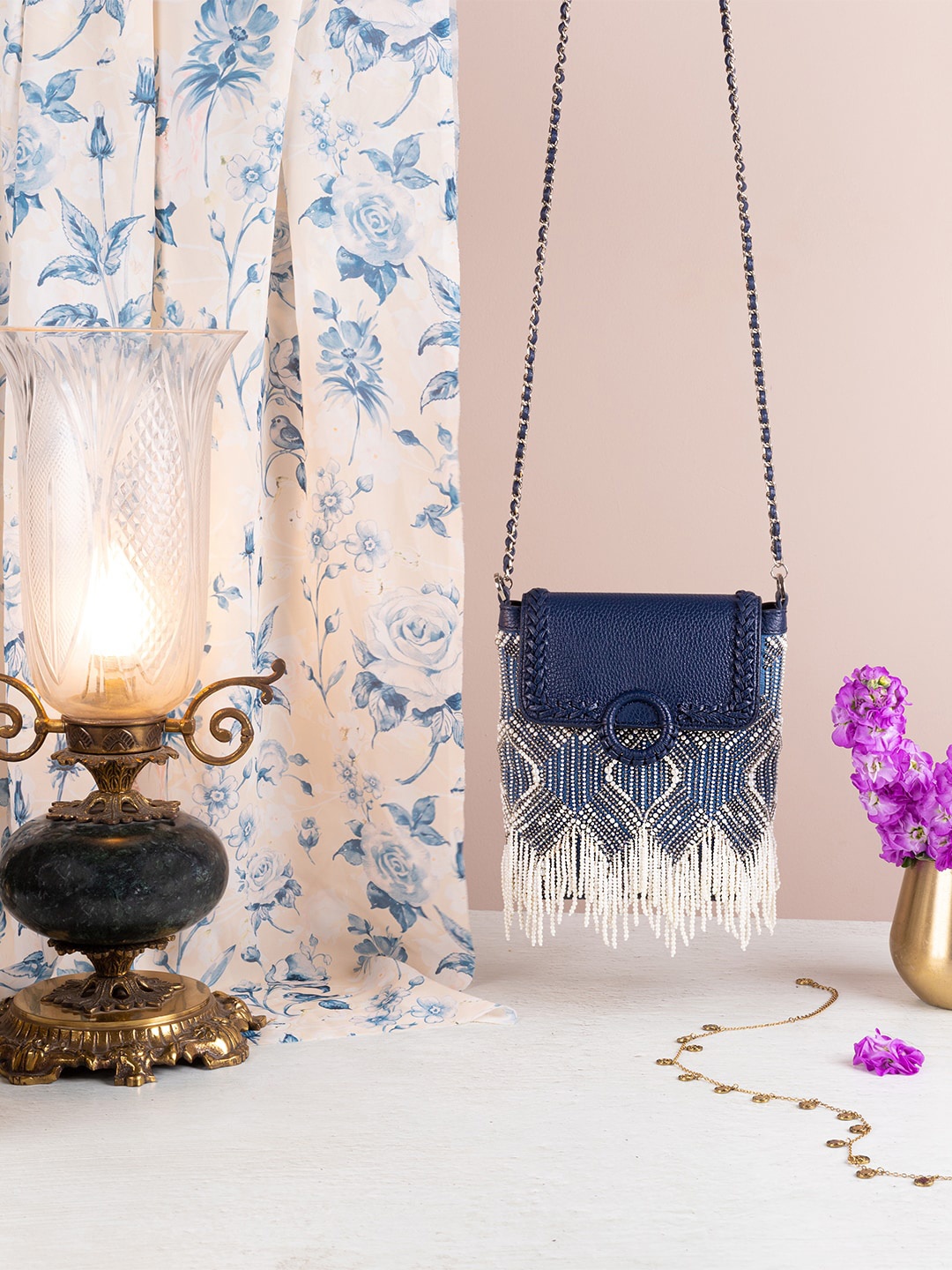 

The Leather Garden Embellished Leather Structured Sling Bag With Fringed, Blue