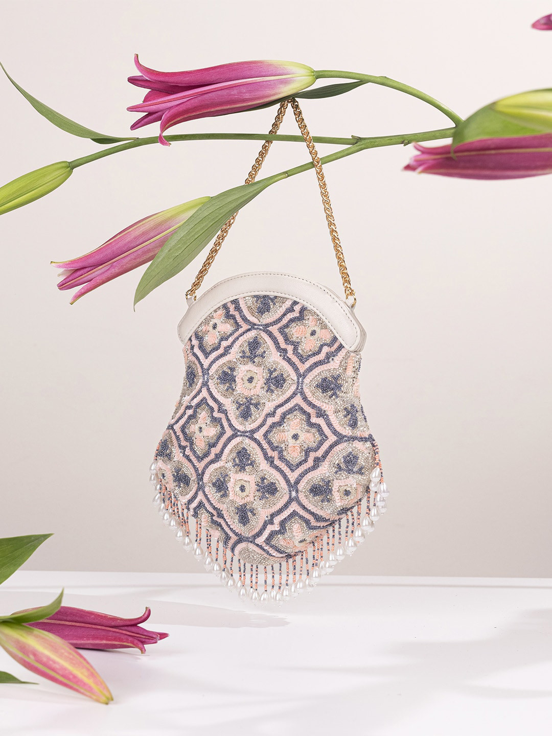 

The Leather Garden Embellished Leather Structured Handheld Bag, Pink