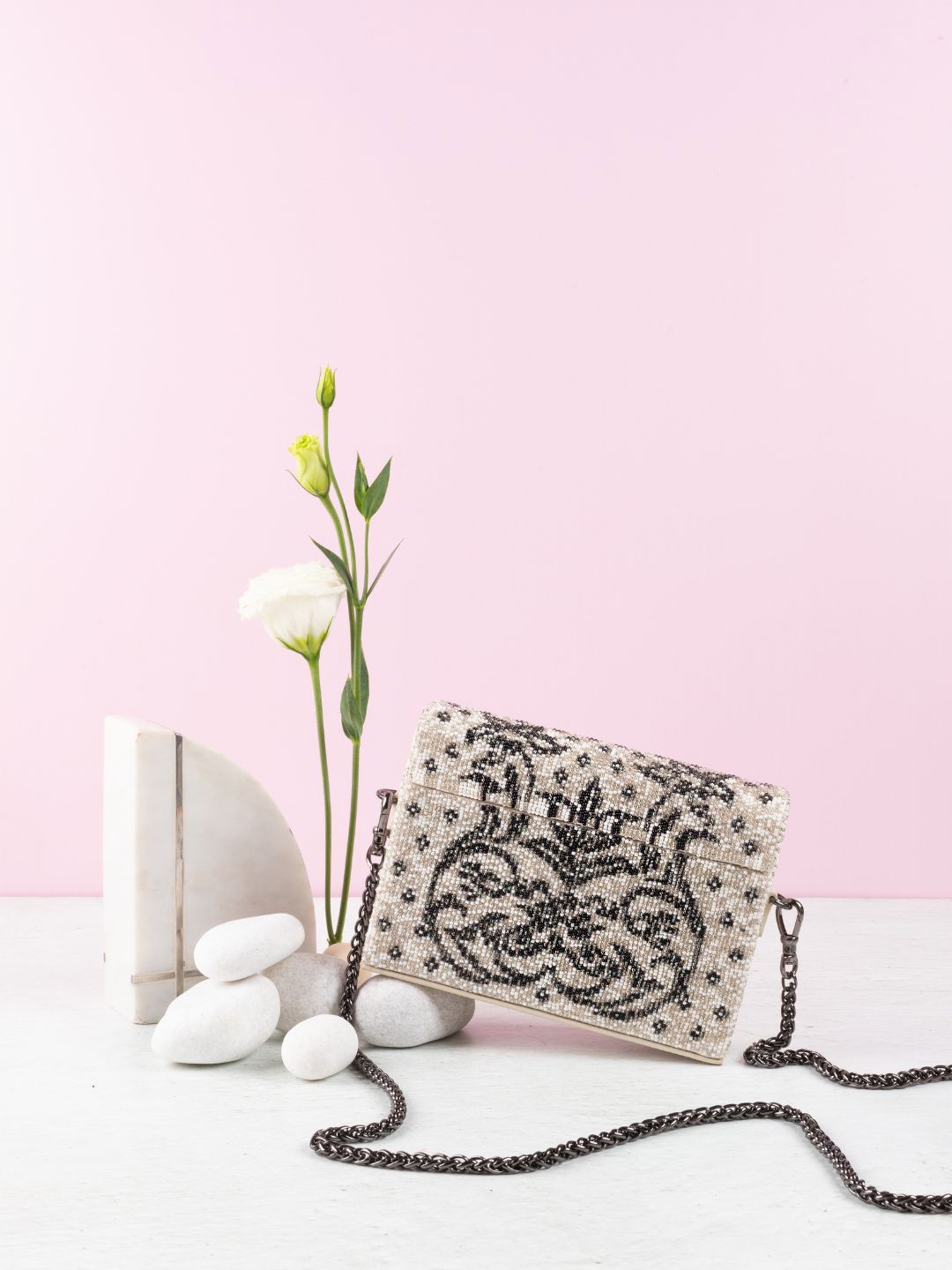 

The Leather Garden Embellished Leather Structured Sling Bag, Off white