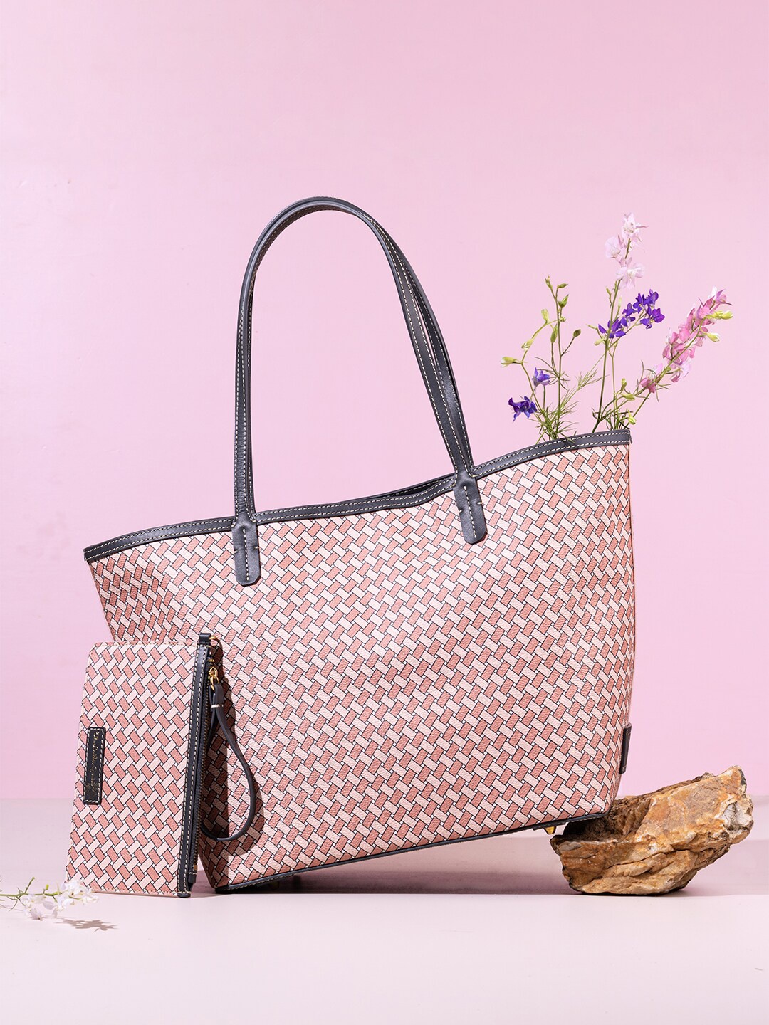 

The Leather Garden Geometric Printed Structured Leather Shoulder Bag, Pink