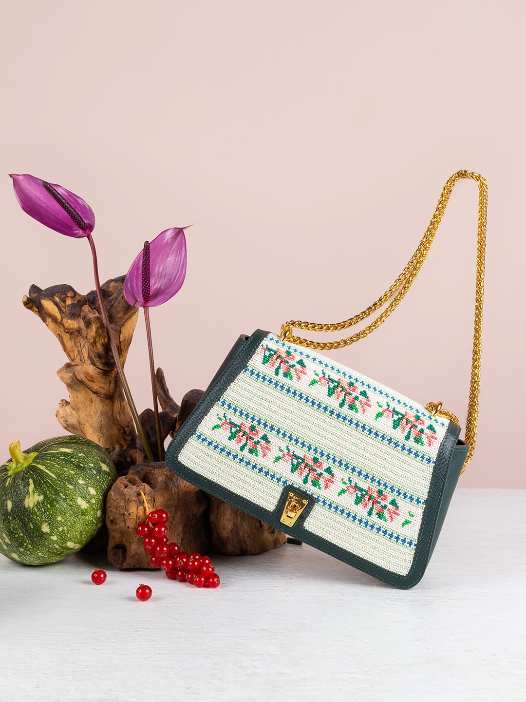 

The Leather Garden Floral Embellished Leather Structured Sling Bag, Green