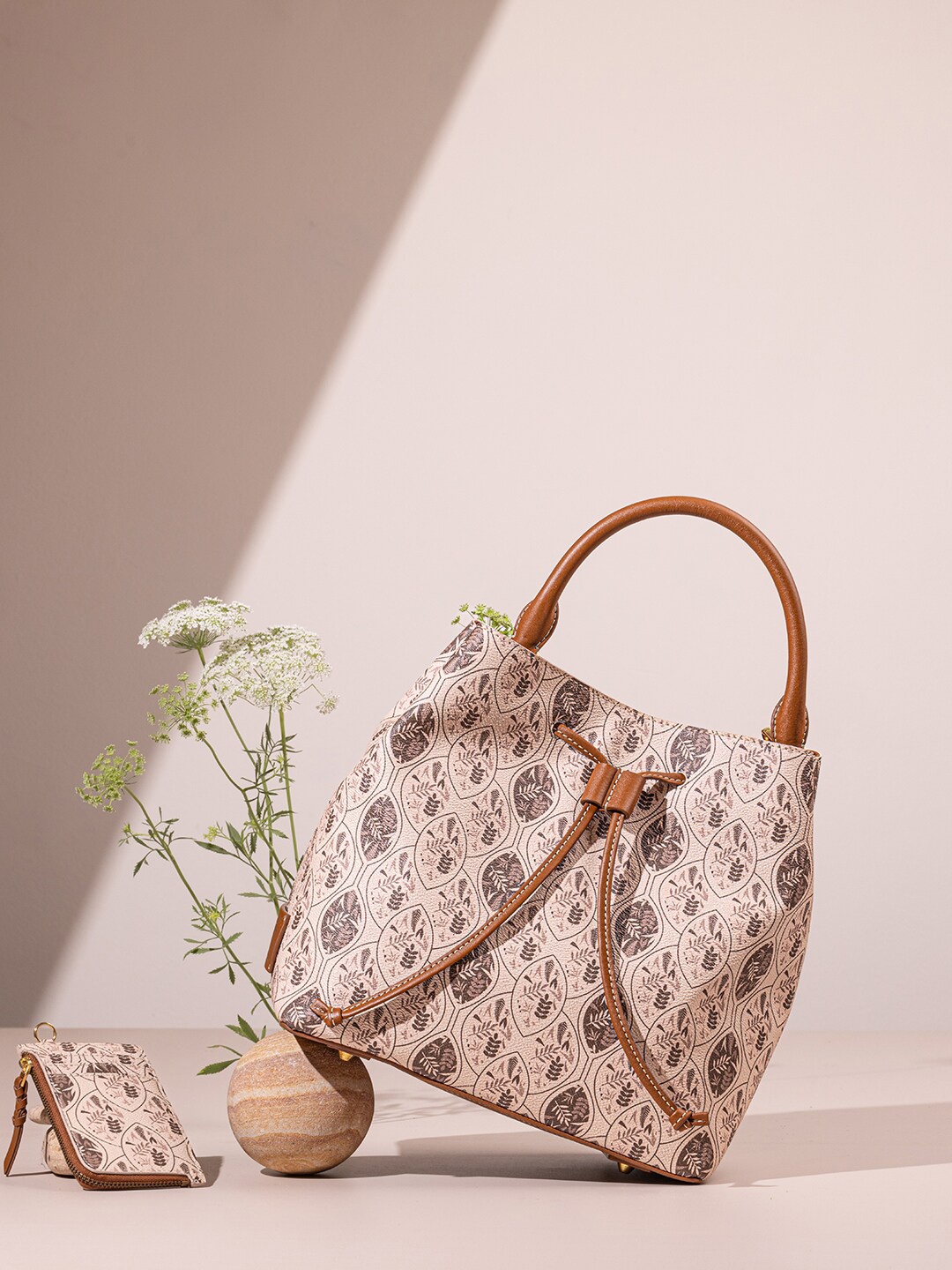 

The Leather Garden Ethnic Motifs Printed Leather Structured Handheld Bag, Peach