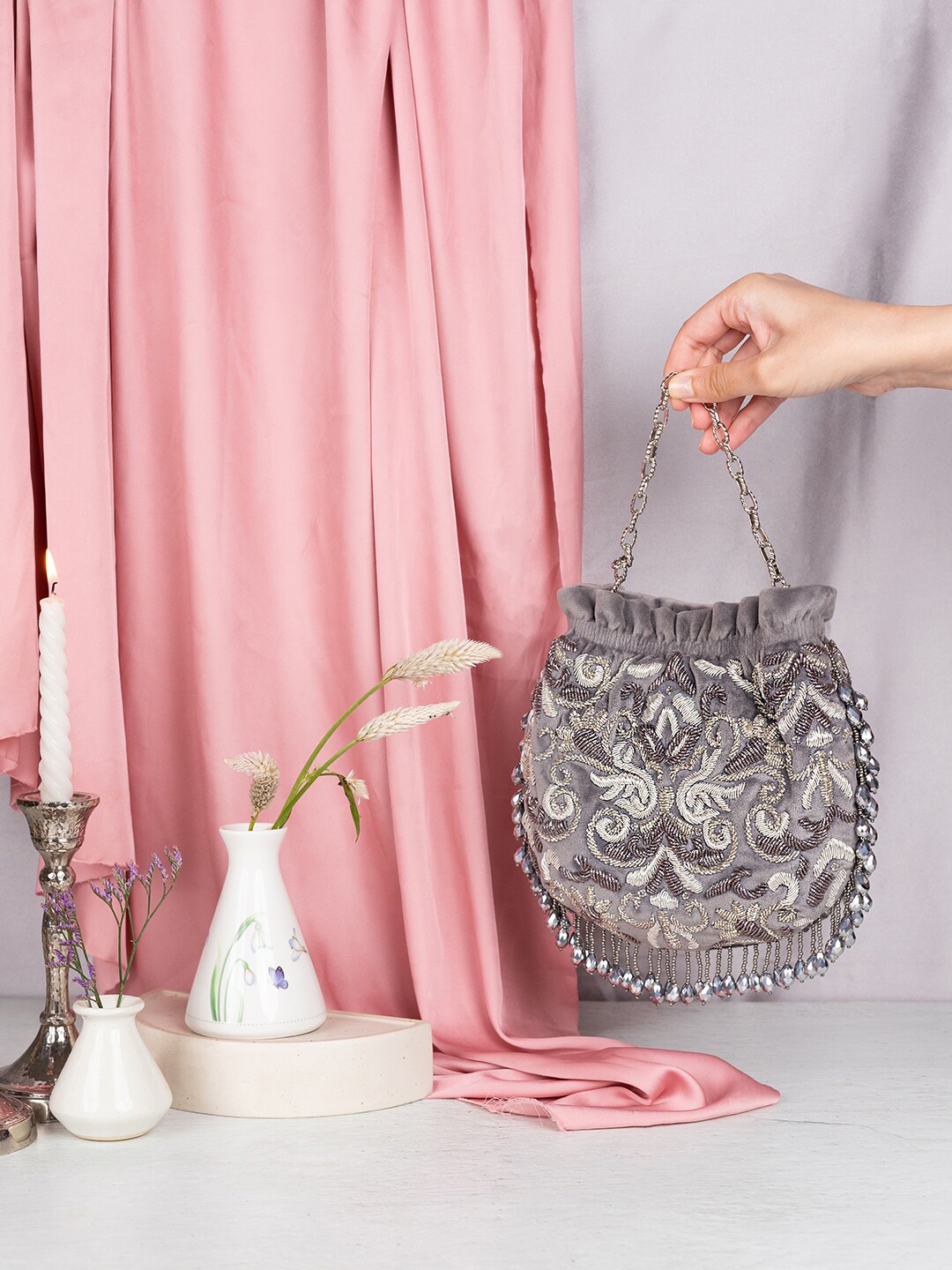

The Leather Garden Embellished Leather Potli Clutches, Grey