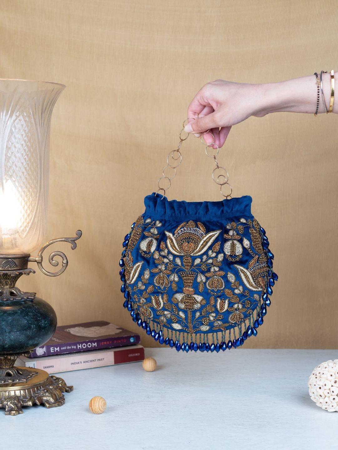 

The Leather Garden Embellished Velvet Potli Bag, Blue