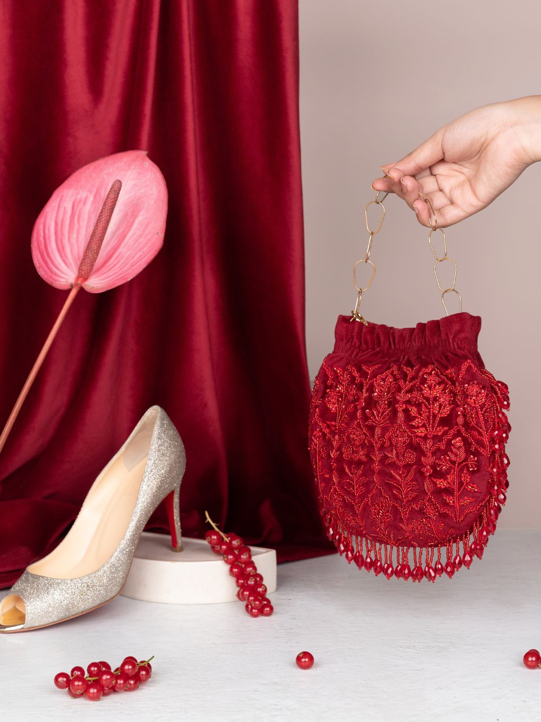 

The Leather Garden Embellished Leather Potli Bag, Red