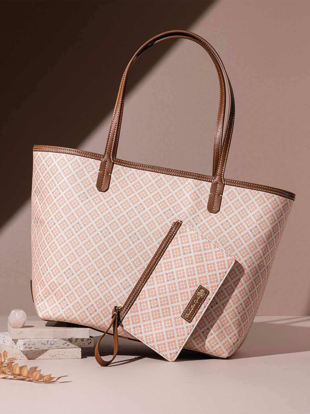 

The Leather Garden Geometric Printed Structured Leather Shoulder Bag, Peach