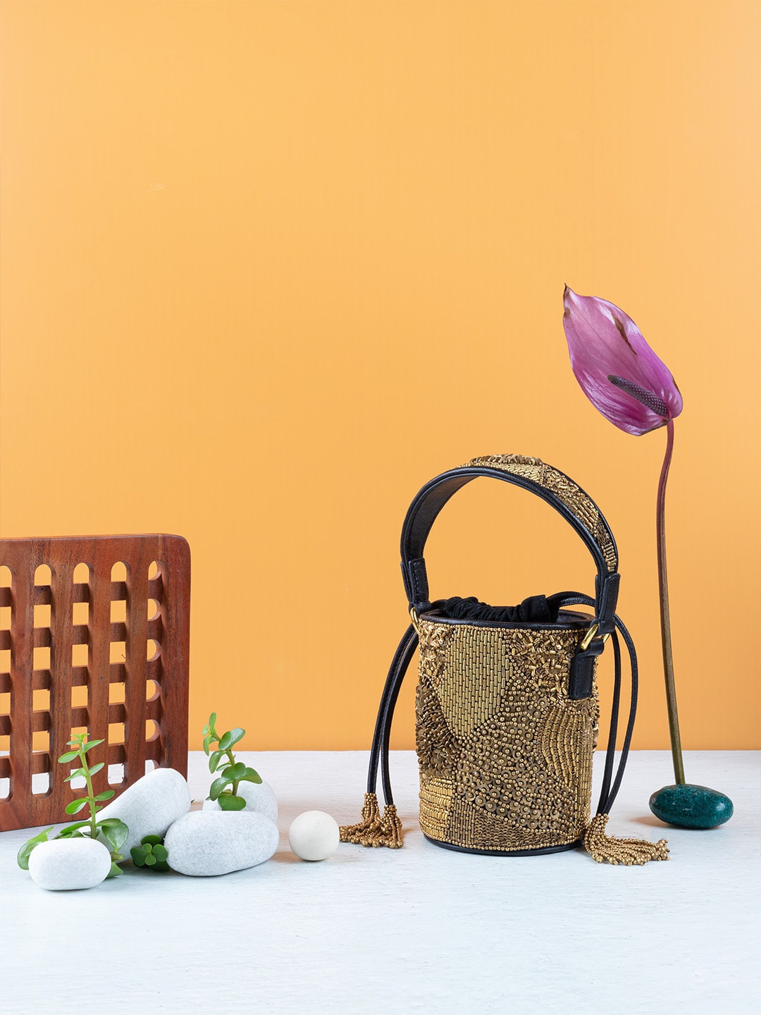

The Leather Garden Embellished & Embroidered Leather Bucket Handheld Bag, Gold