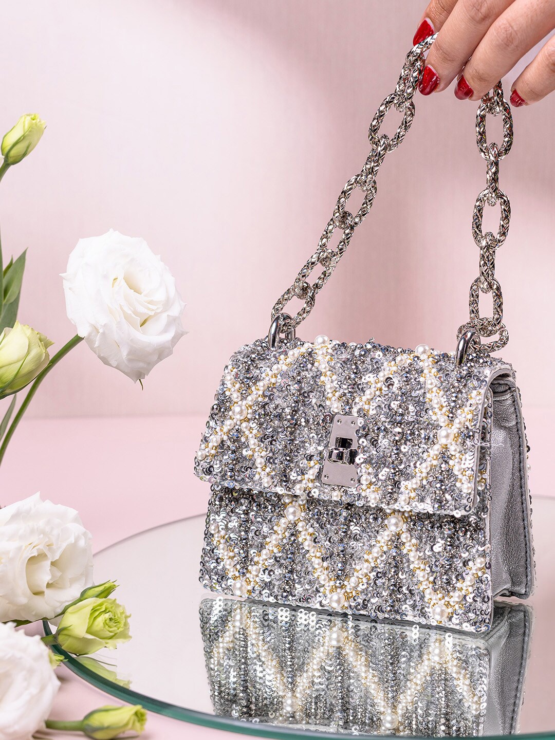 

The Leather Garden Embellished Leather Structured Handheld Bag, Silver