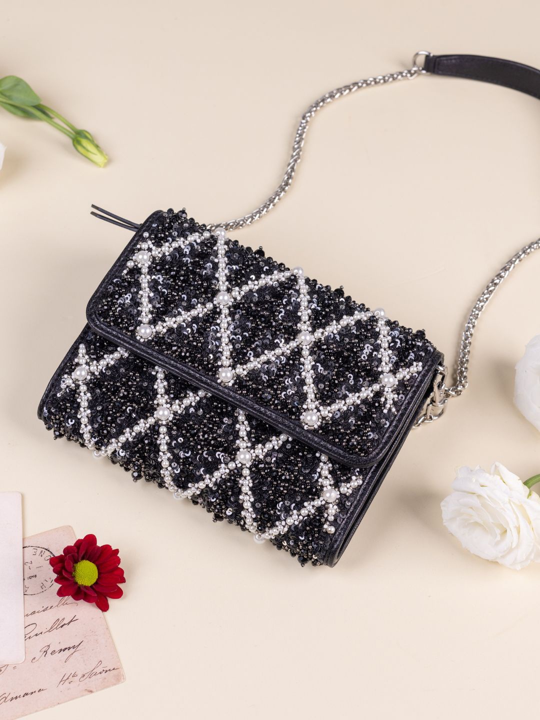 

The Leather Garden Black Embellished Leather Structured Sling Bag