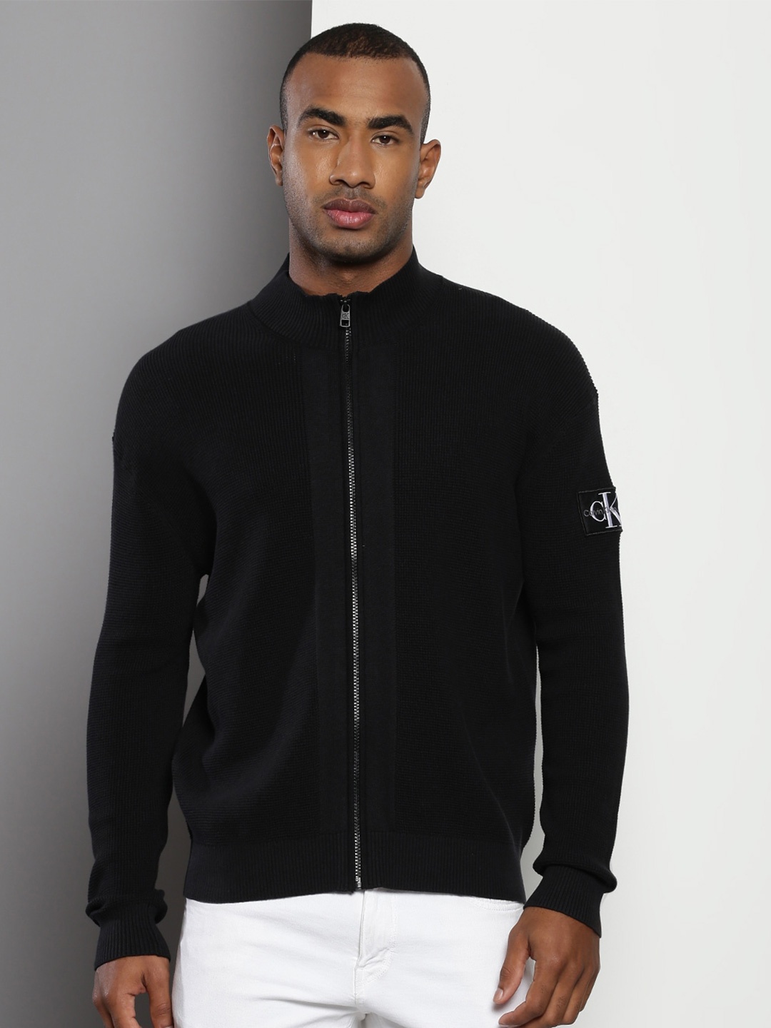 

Calvin Klein Mock Collar Cotton Front-Open Sweater, Black