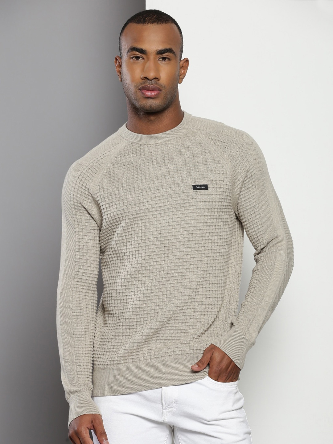 

Calvin Klein Jeans Self Design Round Neck Cotton Pullover Sweater, Beige