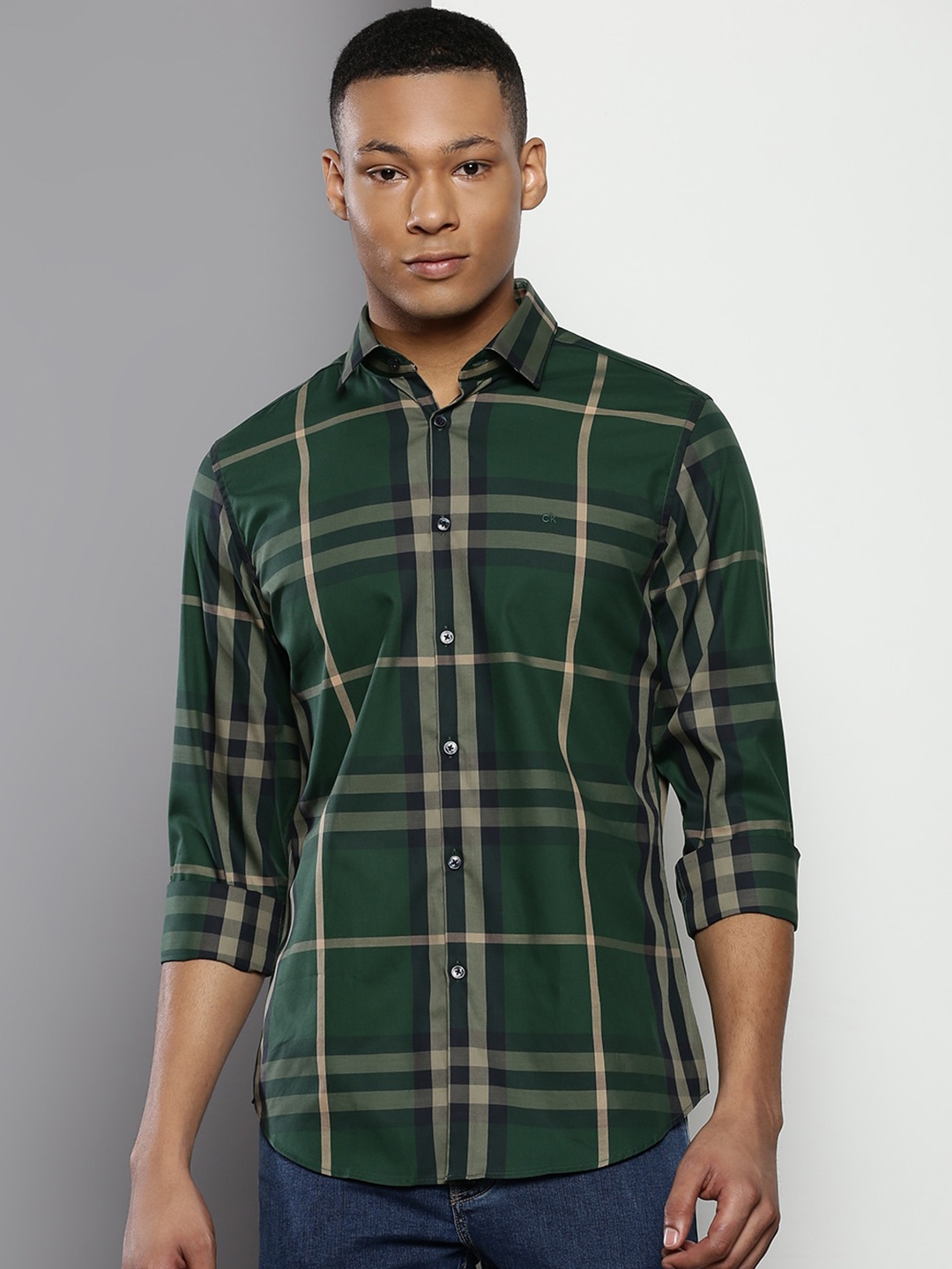 

Calvin Klein Slim Fit Tartan Checked Cotton Casual Shirt, Green