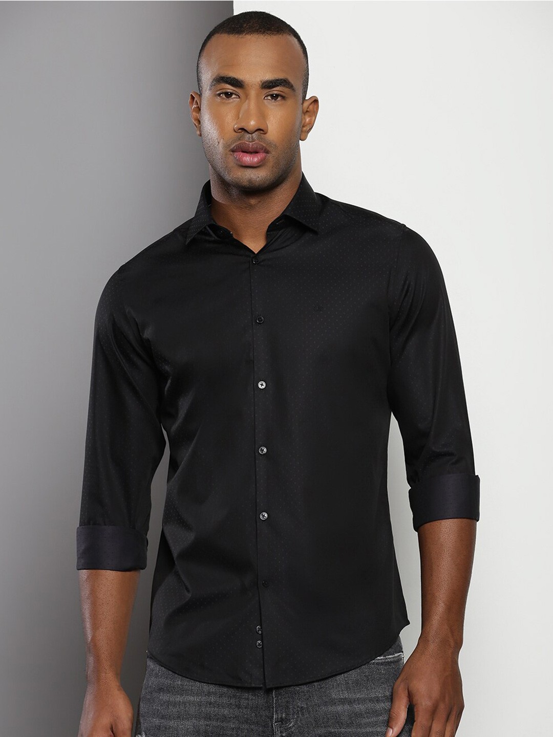 

Calvin Klein Jeans Slim Fit Micro Ditsy Printed Spread Collar Long Sleeve Cotton Casual Shirt, Black