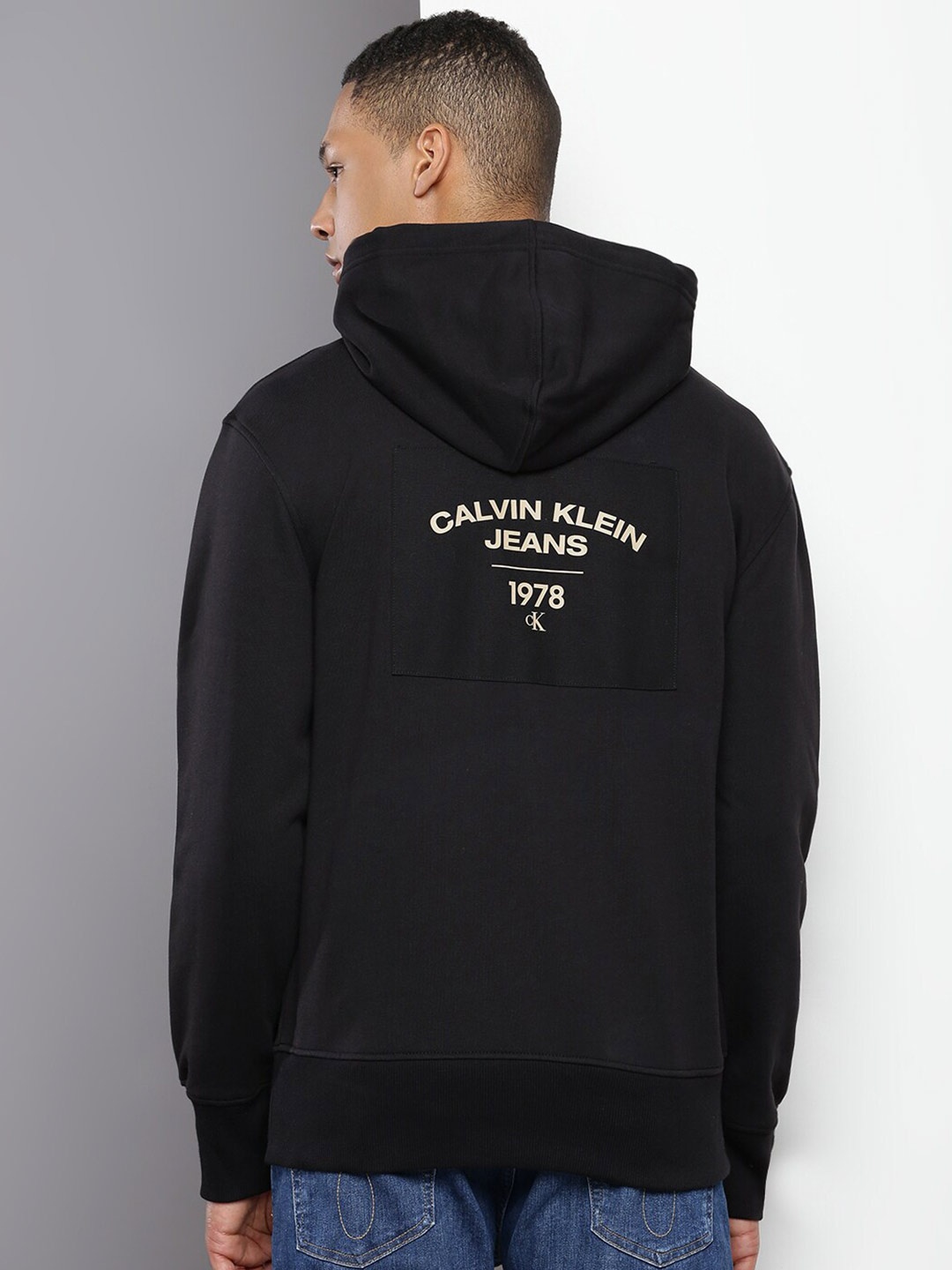 

Calvin Klein Jeans Typography Printed Pure Cotton Hooded Pullover, Black