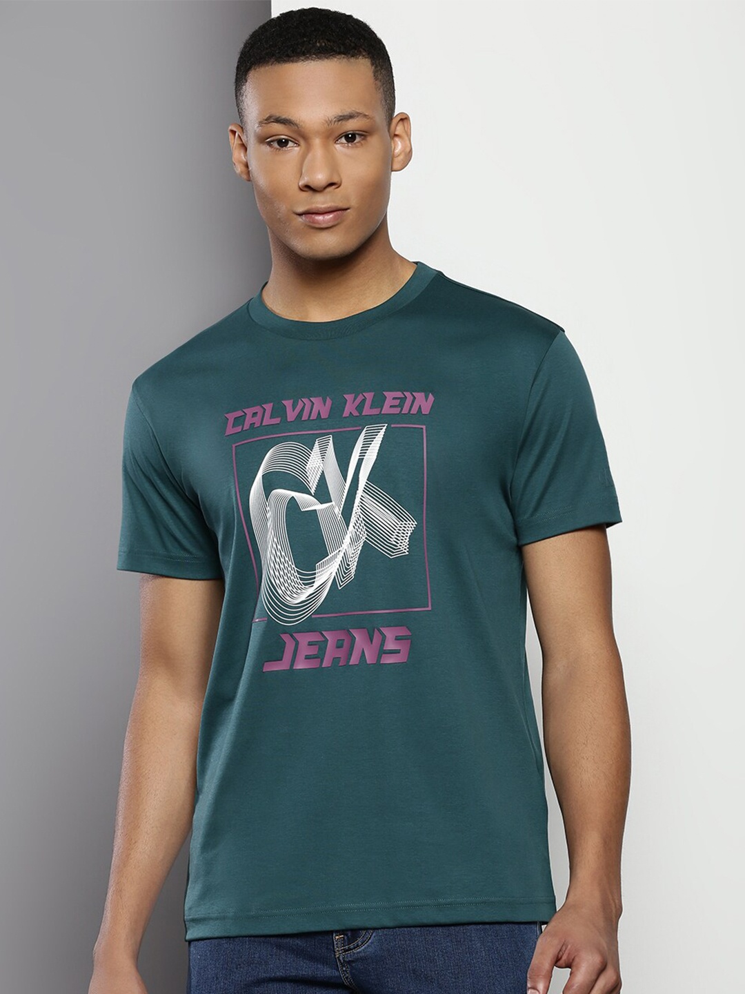 

Calvin Klein Typography Printed Round Neck T-shirt, Teal