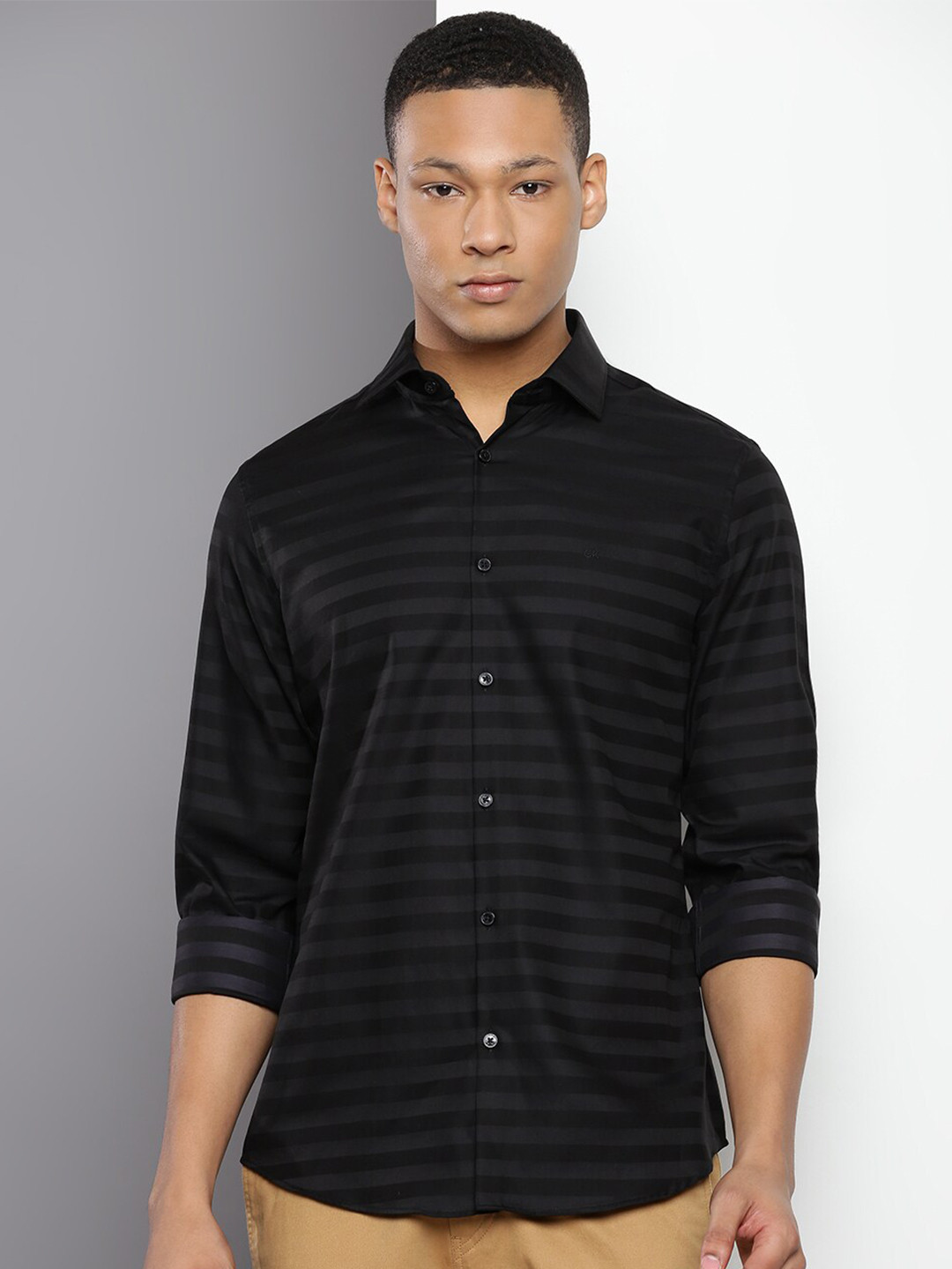 

Calvin Klein Slim Fit Striped Spread Collar Long Sleeve Cotton Casual Shirt, Black