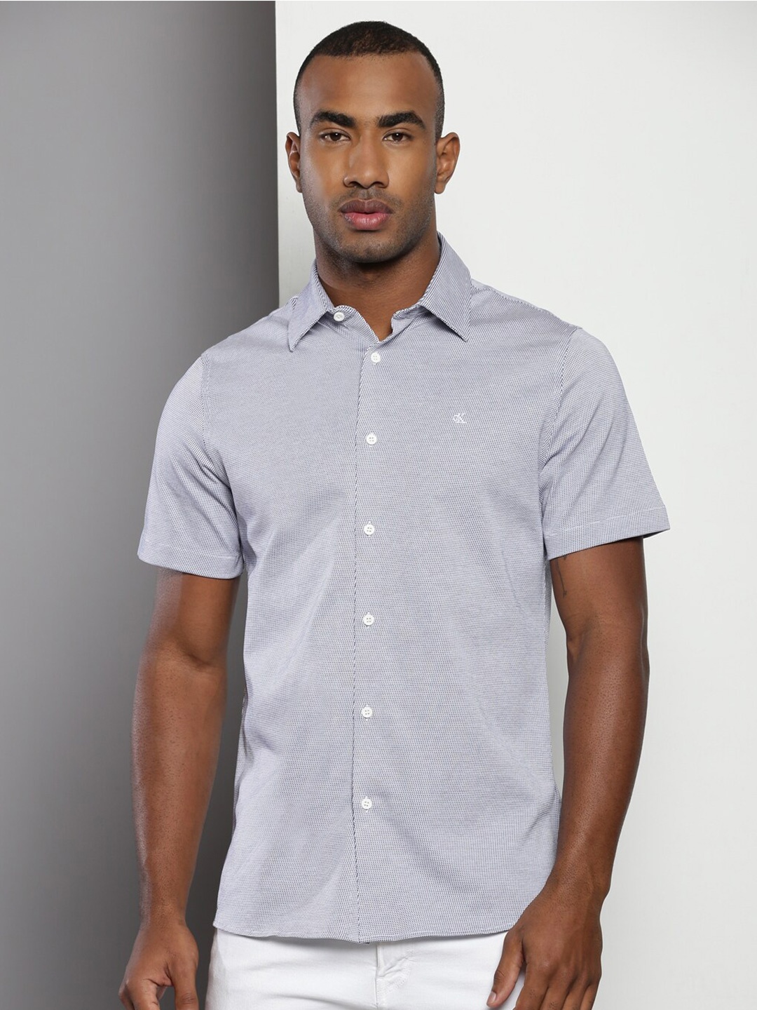 

Calvin Klein Slim Fit Micro Ditsy Printed Pure Cotton Knitted Casual Shirt, Blue