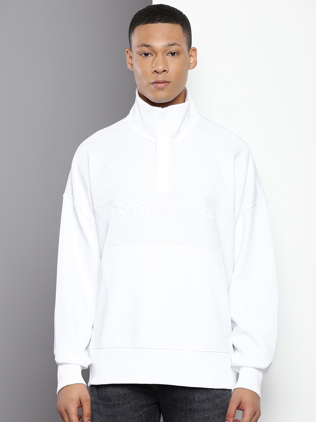 

Calvin Klein Typography Self Design Mock Collar Cotton Pullover, White