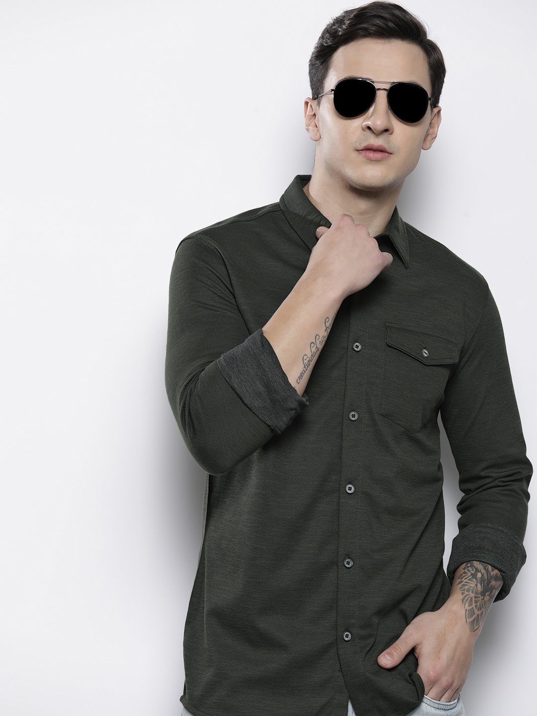 

Petrol Knitted Opaque Casual Shirt, Olive