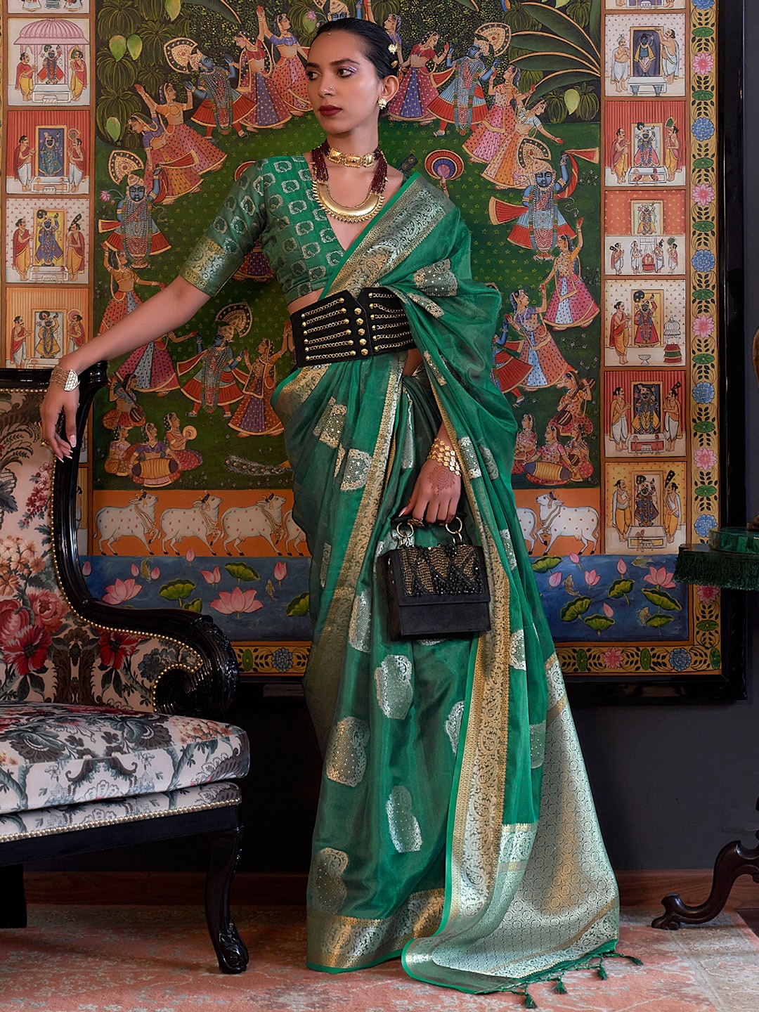

DEVATITHI Ethnic Motifs Woven Design Organza Saree, Green