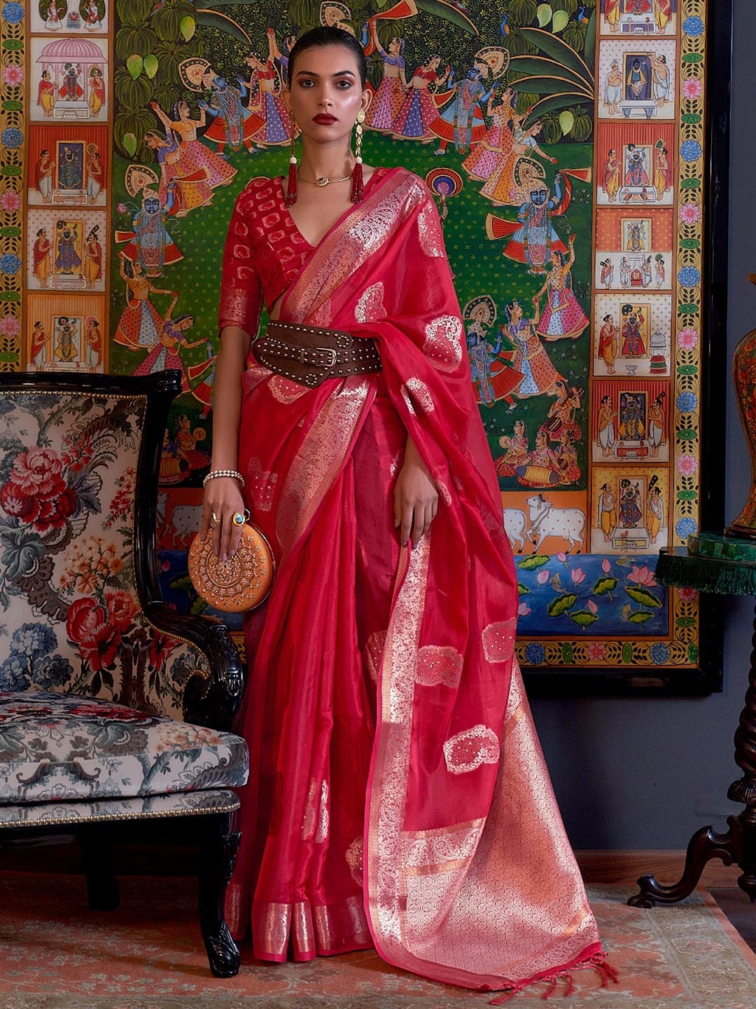 

DEVATITHI Ethnic Motifs Woven Design Organza Saree, Red