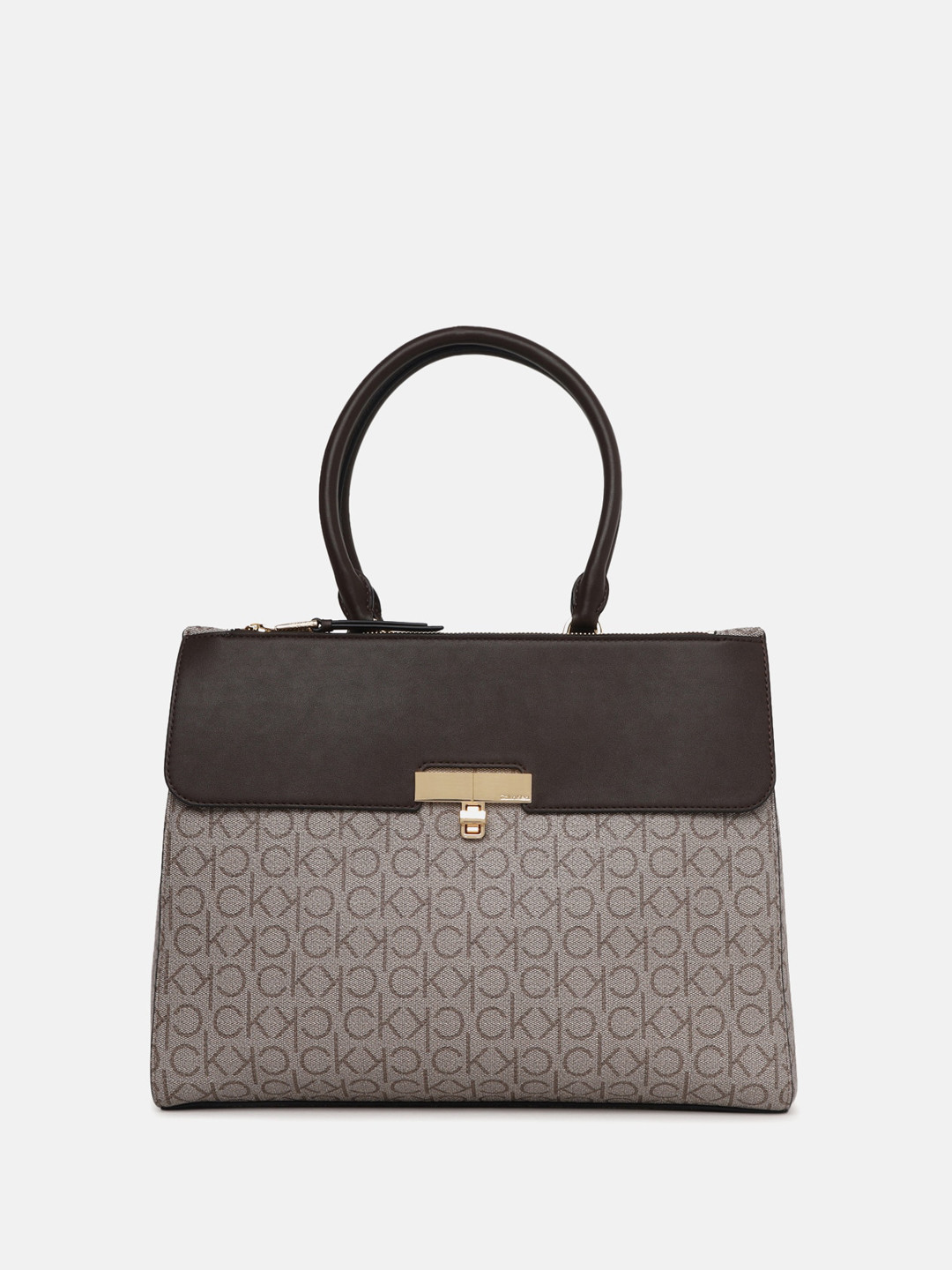 

Calvin Klein Brand Logo Printed Structured Handheld Bag, Beige