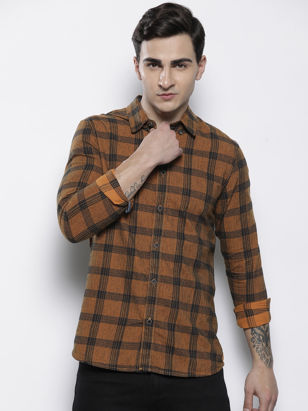 Petrol Pure Cotton Checked Casual Shirt, Mustard