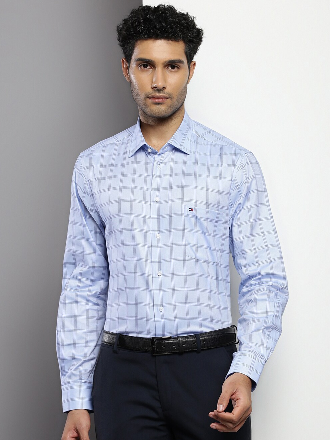 

Tommy Hilfiger Windowpane Checked Long Sleeves Pure Cotton Formal Shirt, Blue