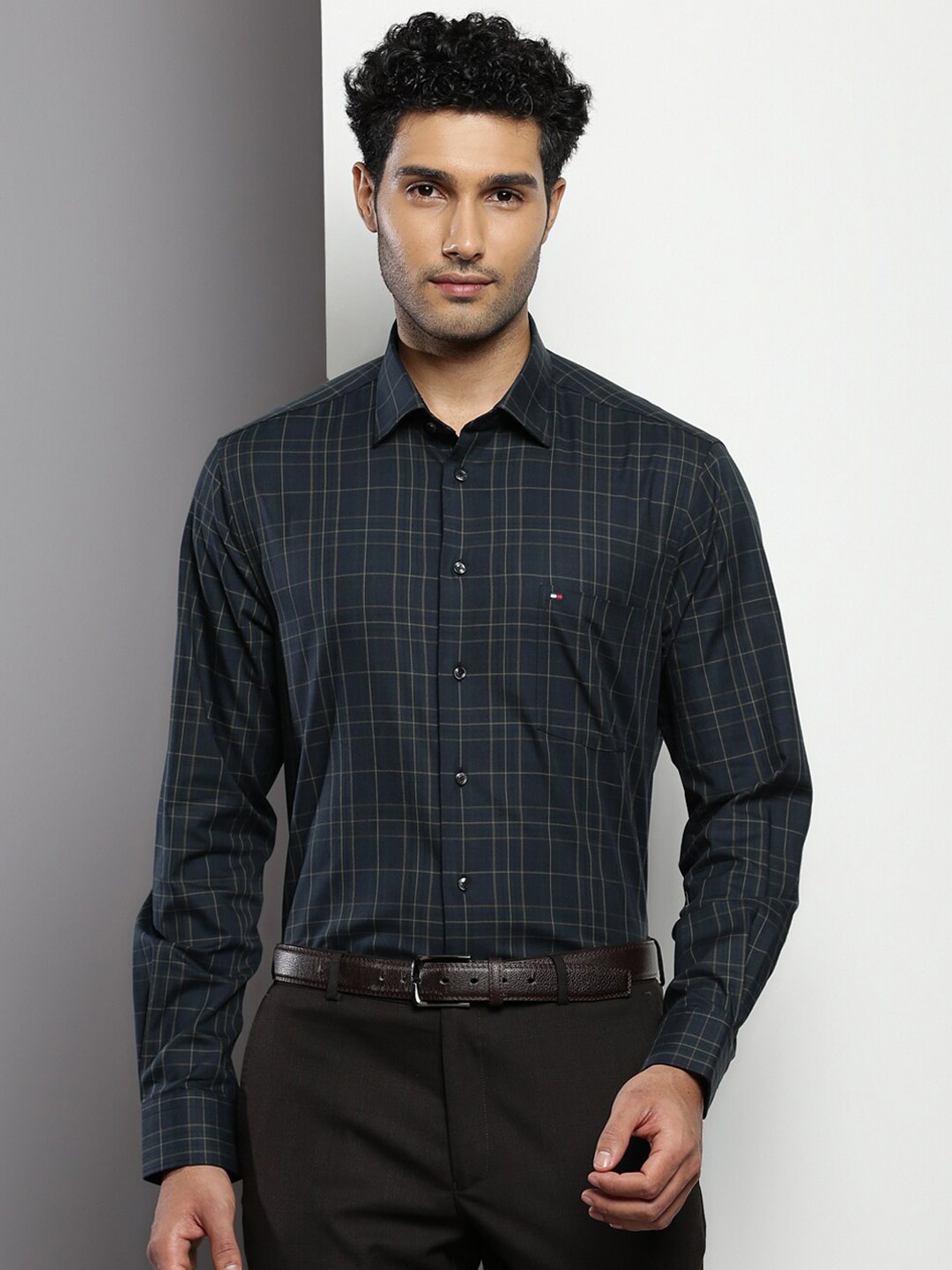 

Tommy Hilfiger Grid Tattersall Checked Pure Cotton Twill Formal Shirt, Green
